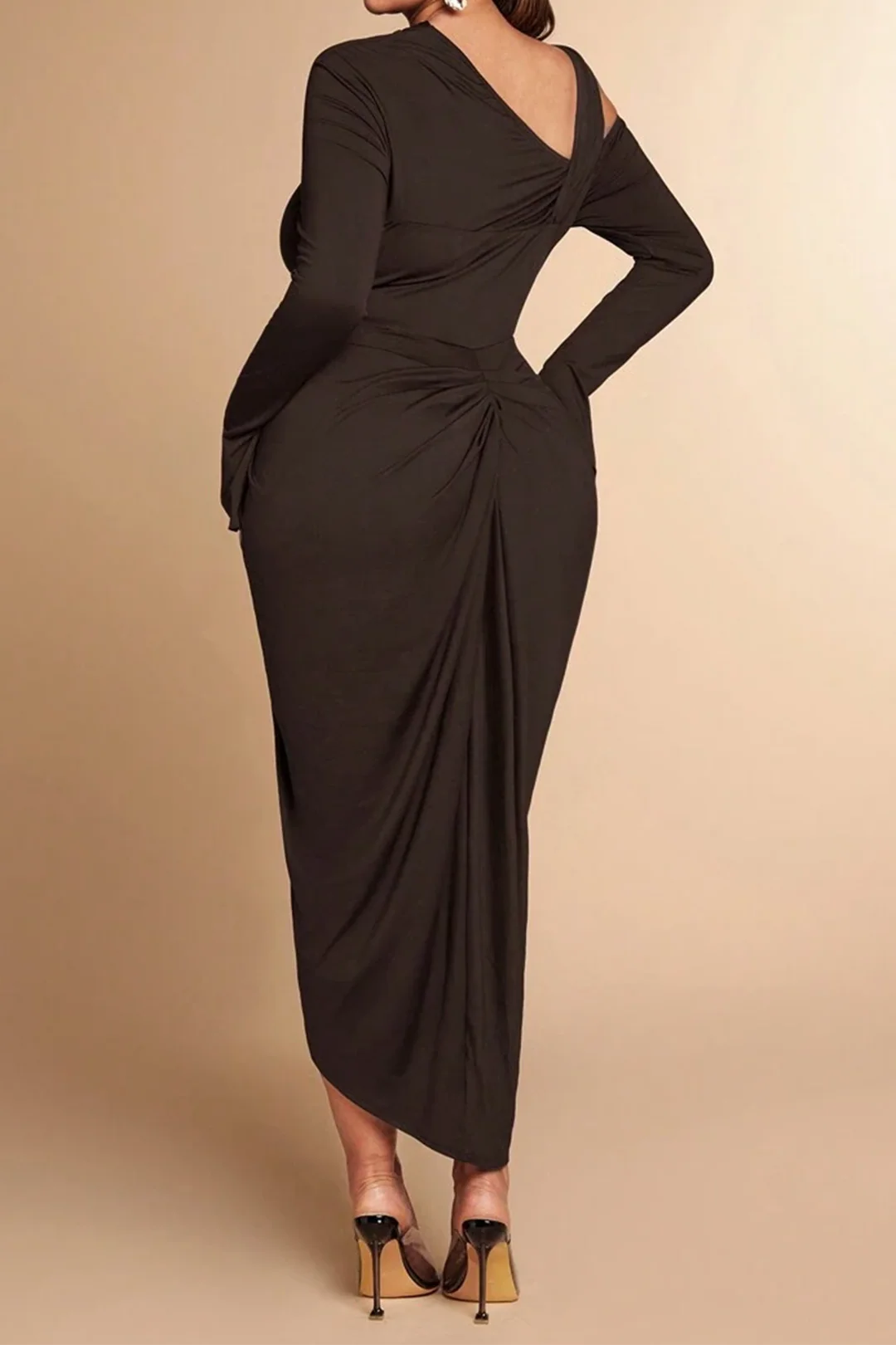 Plus Size Asymmetrical High Slit Ruched Long Sleeve Midi Dress - Flockneti