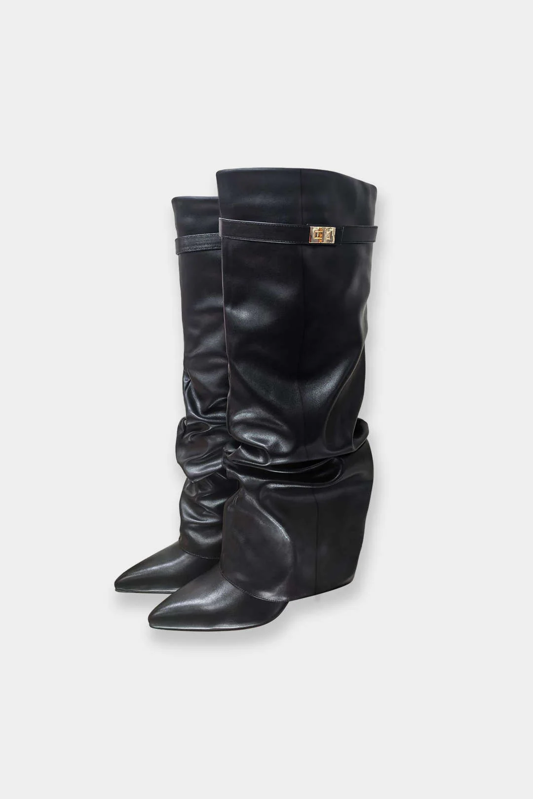 Leather Ruched Pointed Knee High Boots - Flockneti