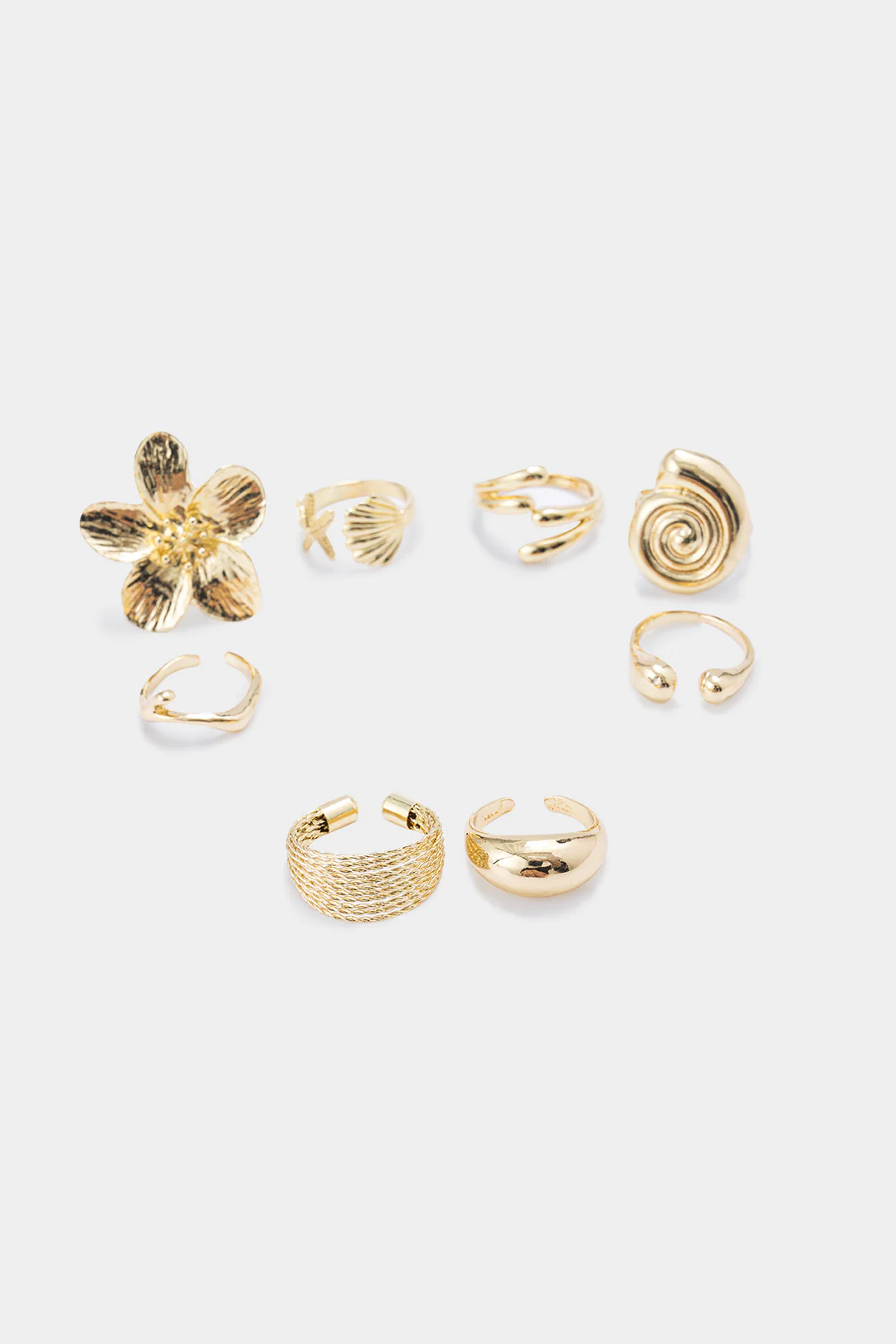 Shell Starfish Flower Irregular Metallic Open Ring Set - Flockneti