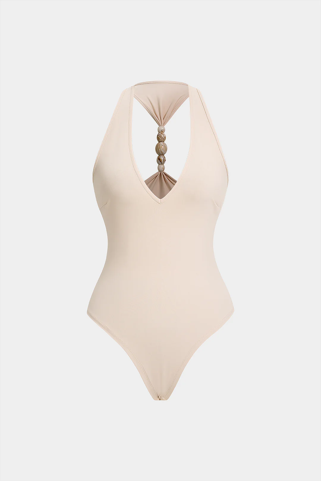 Solid V-Neck Beaded Backless Sleeveless Bodysuit - Flockneti