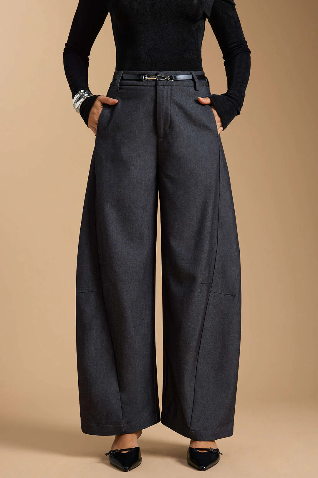 Zipper Belted Wide Leg Trousers - Flockneti