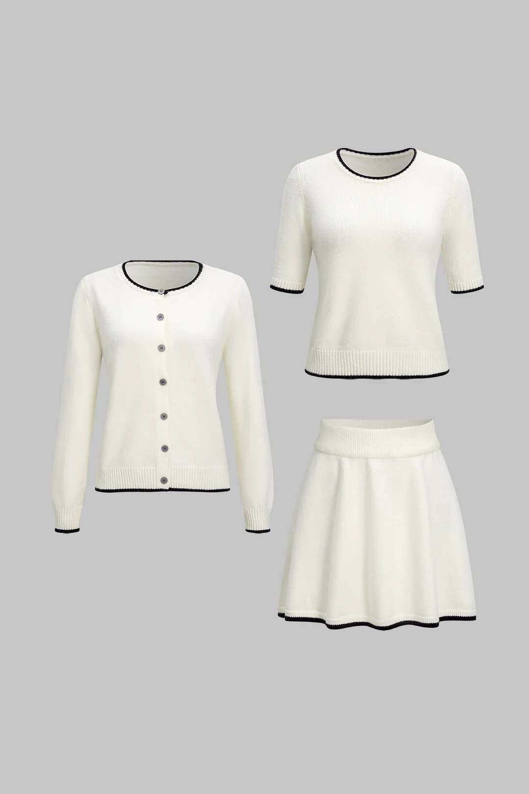Knit 3PC Contrast Binding Round Neck Cardigan And Mini Skirt Set - Flockneti