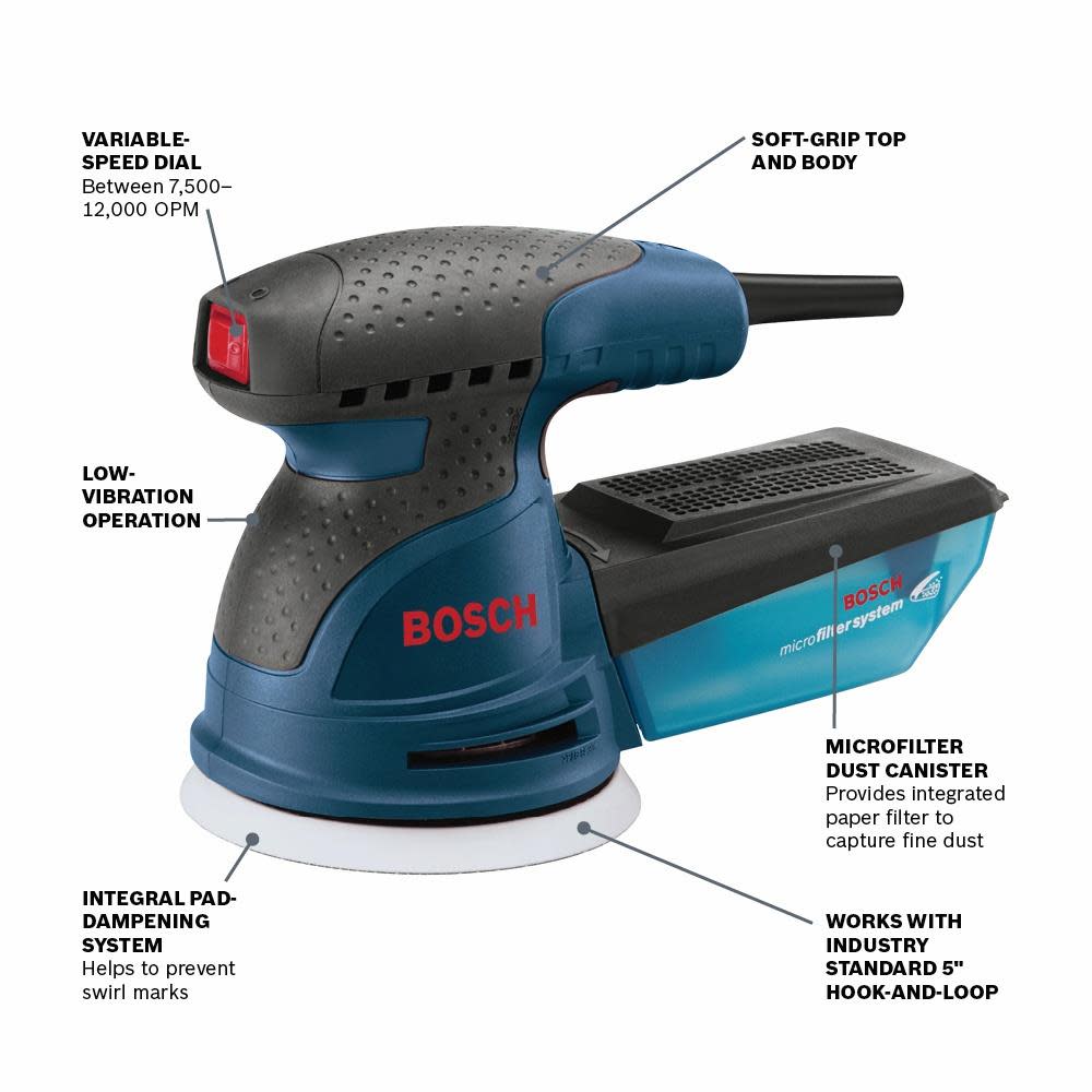 Bosch Reconditioned 2.5 Amp 5 In. Variable Speed Palm Random Orbit Sander - Flockneti