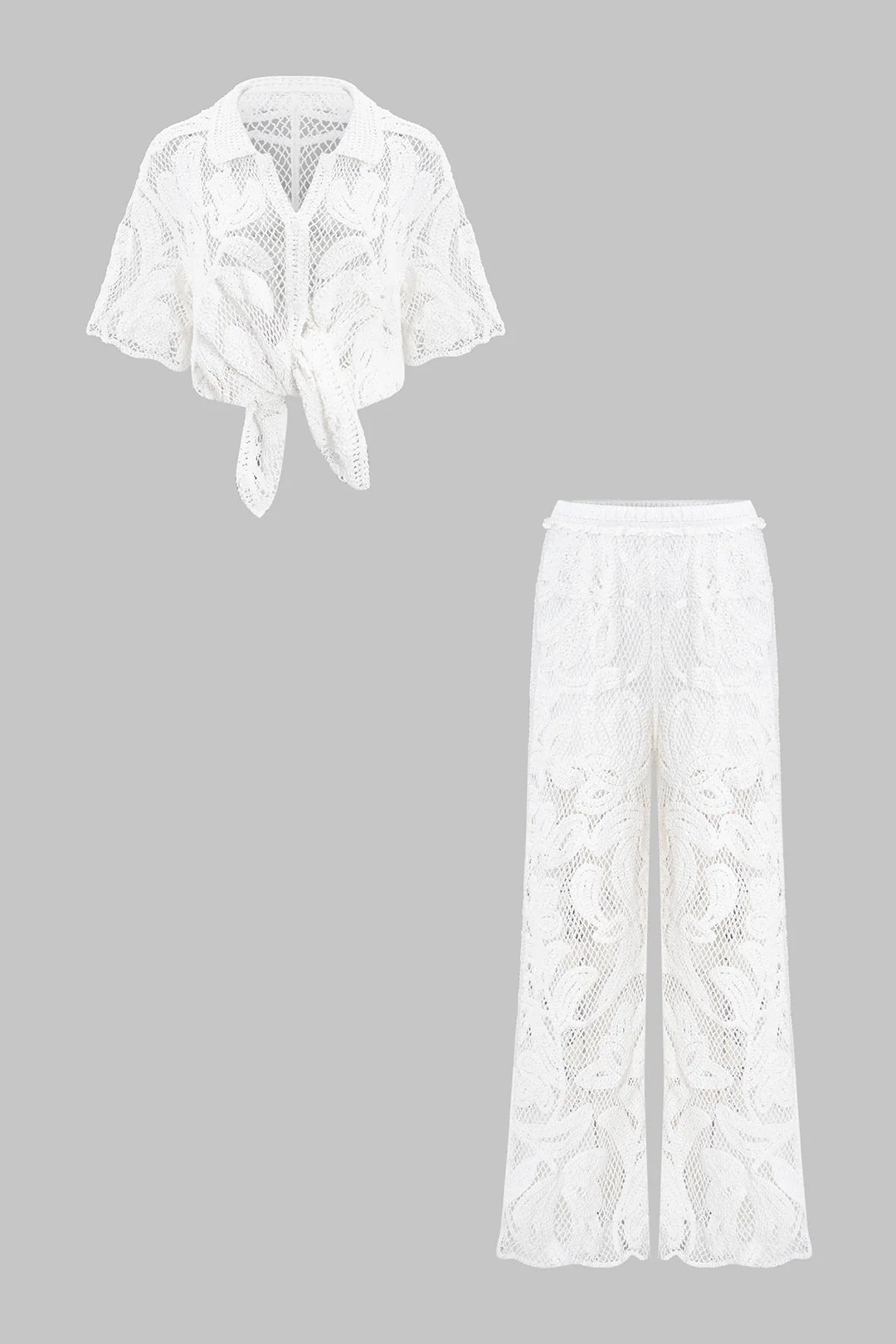 Knit Hollw Out V-Neck Short Sleeve Top And Wide Leg Pants Set - Flockneti
