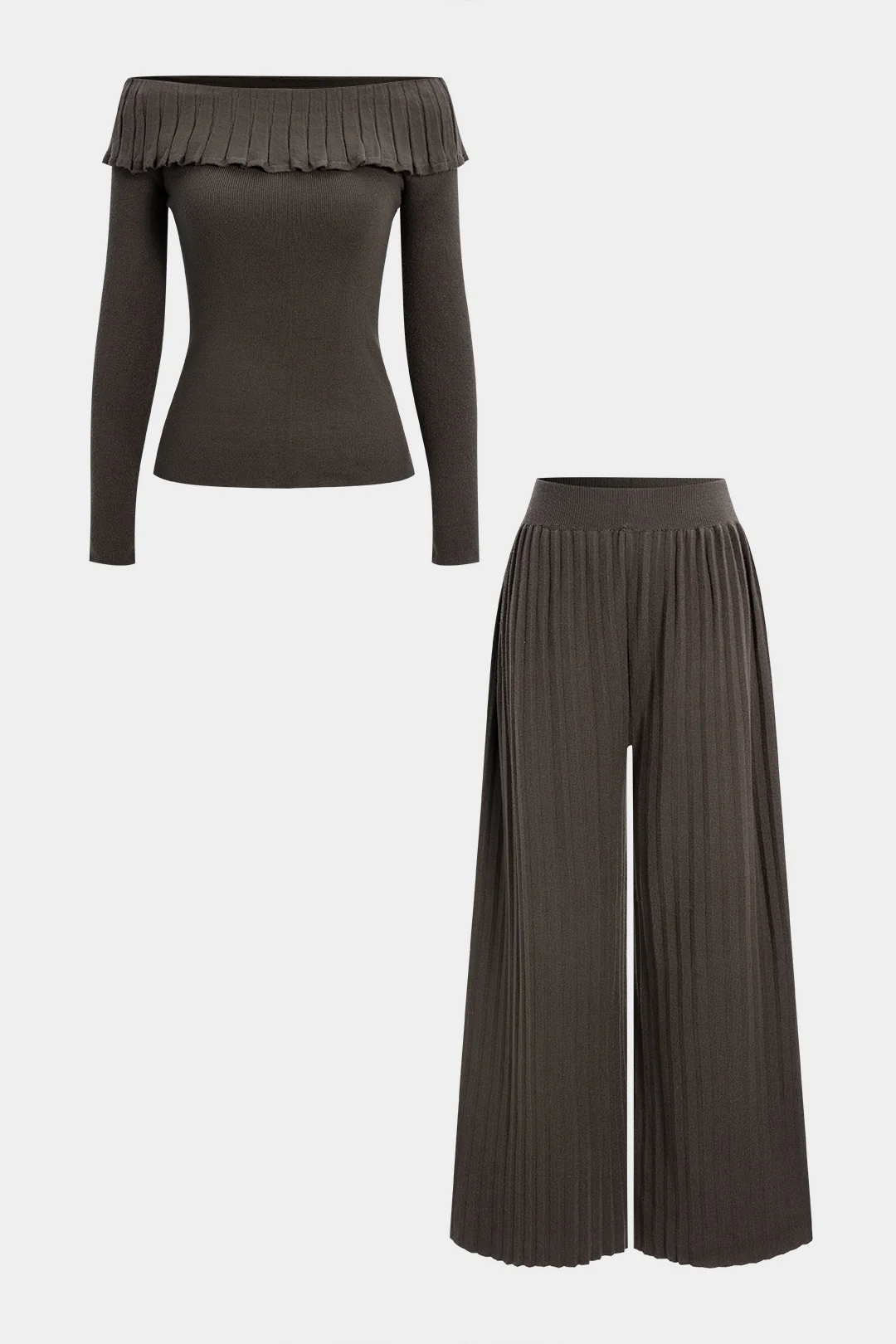 Knit Off Shoulder Ruffle Long-Sleeve Top And Wide Leg Pants Set - Flockneti