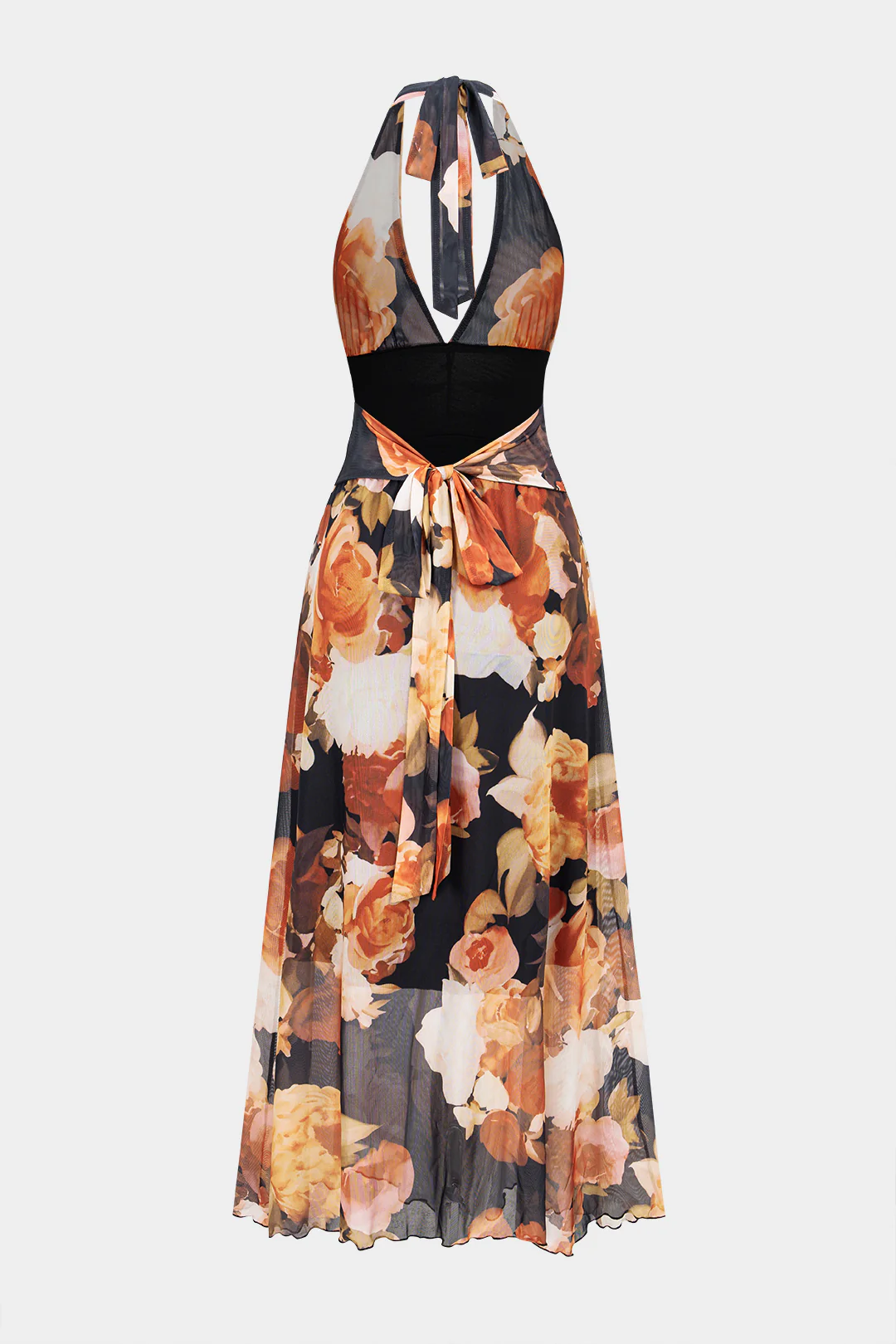 Floral Print Mesh Halter V-Neck Tie Back Backless Sleeveless Maxi Dress - Flockneti