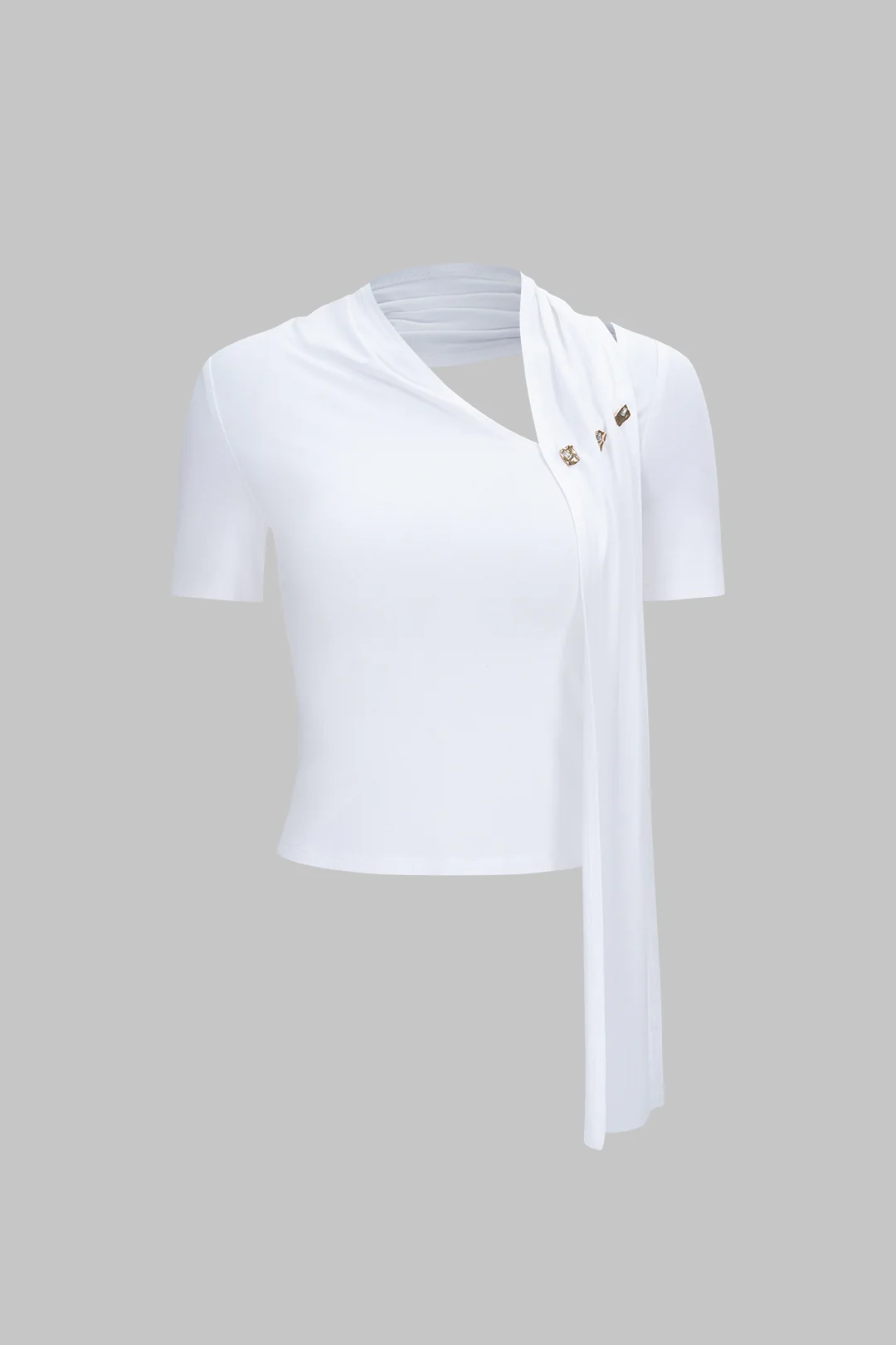 Metallic Decor Ruched Asymmetrical Short Sleeve T-Shirt - Flockneti