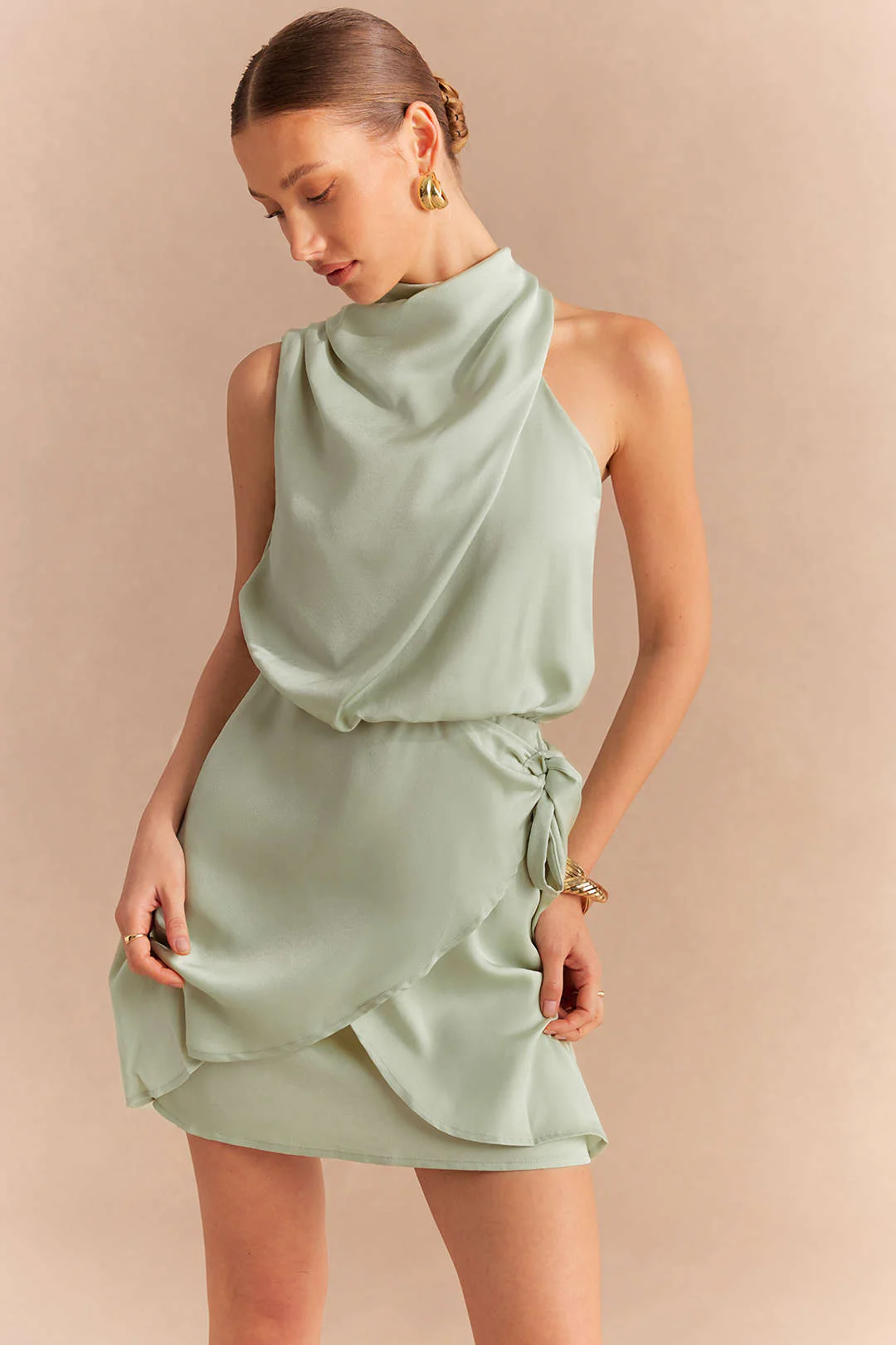 Satin Halter Asymmetrical Ruched Tie-Up Sleeveless Mini Dress - Flockneti