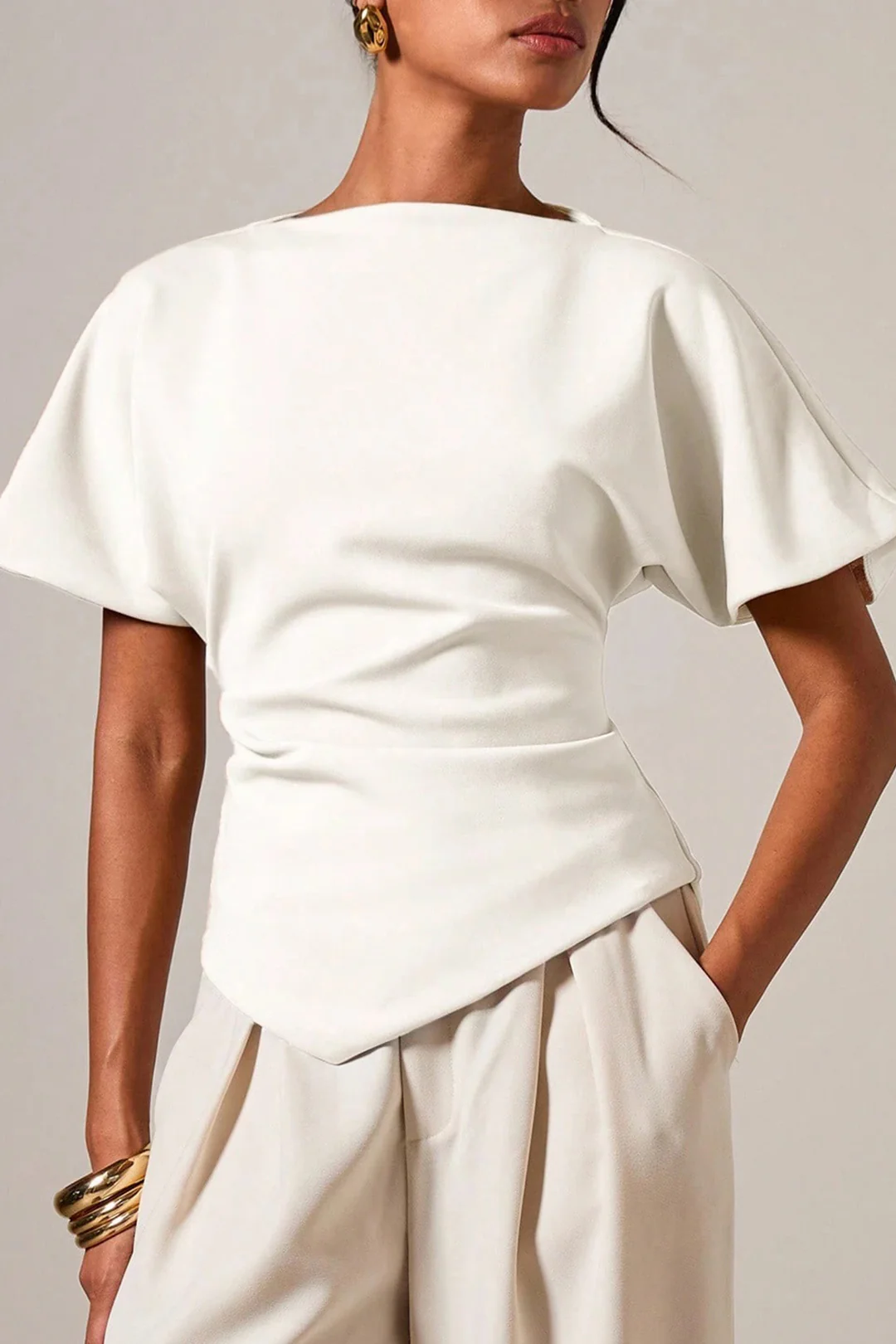 Solid Asymmetrical Ruched Short-Sleeve Shirt - Flockneti