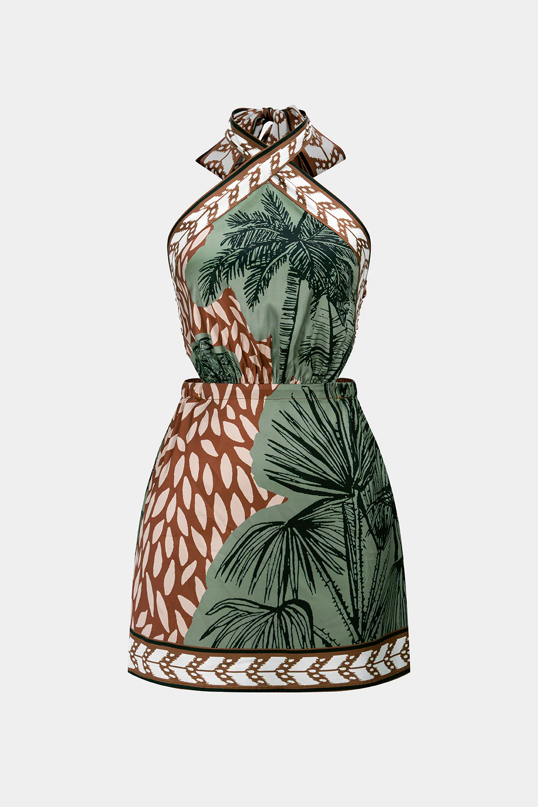 Leaves Print Satin Halter Neck Tie Back Backless Sleeveless Mini Dress - Flockneti