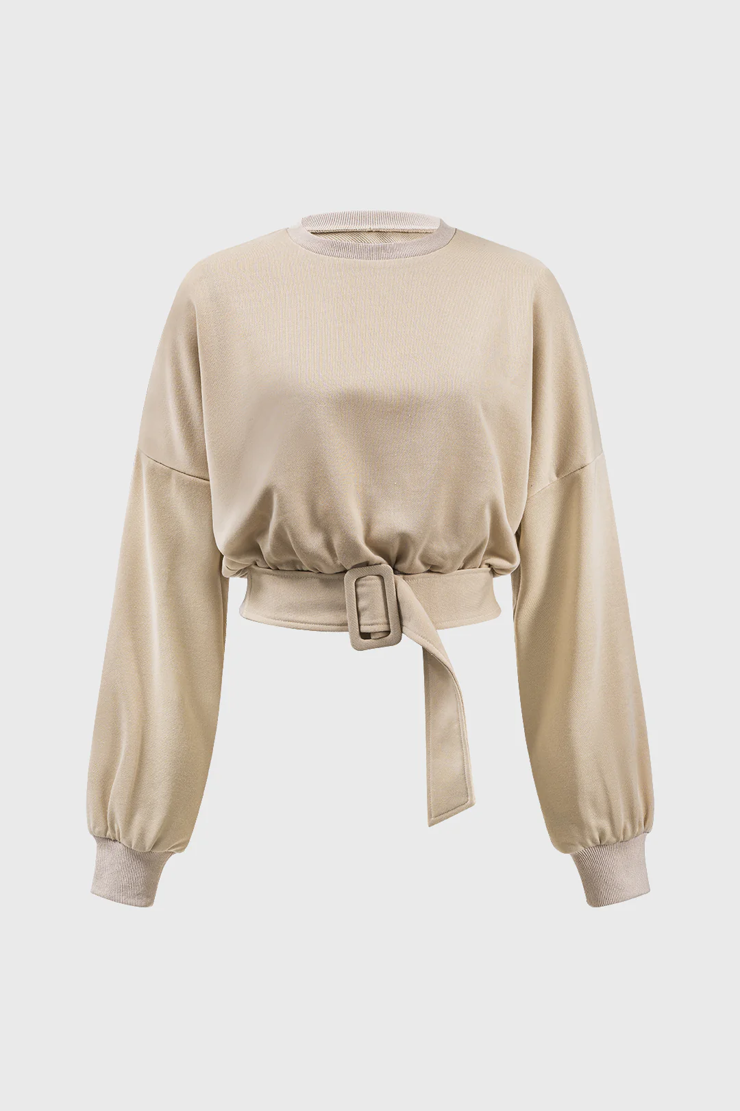 Round Neck Belted Long Sleeve Sweatshirt - Flockneti
