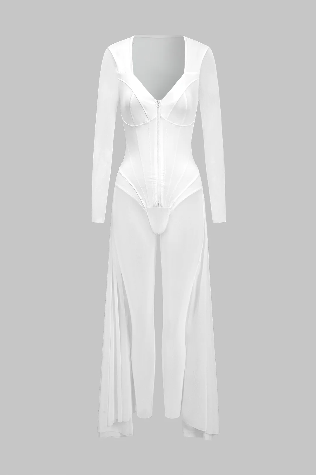 Mesh Sheer Zipper Bustier Corset Long Sleeve Jumpsuit - Flockneti