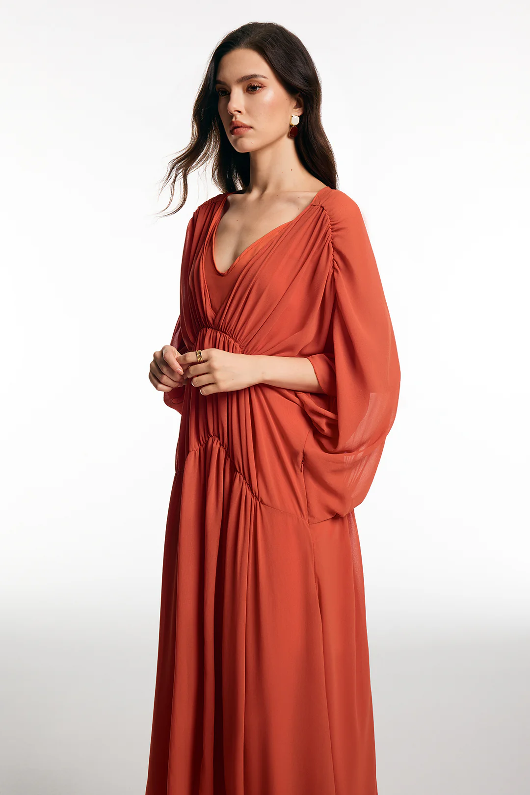 Chiffon V-Neck Ruched Short Sleeve Maxi Dress - Flockneti
