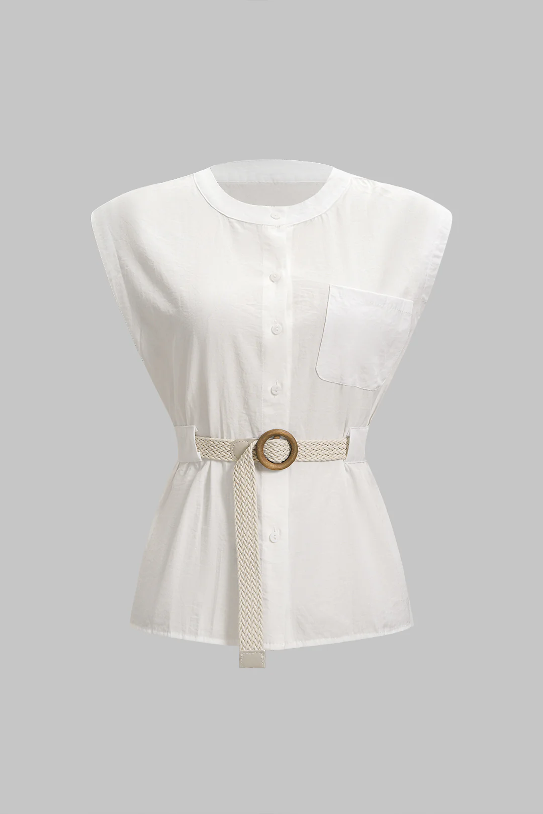 Round Neck Belted Pocket Sleeveless Top - Flockneti