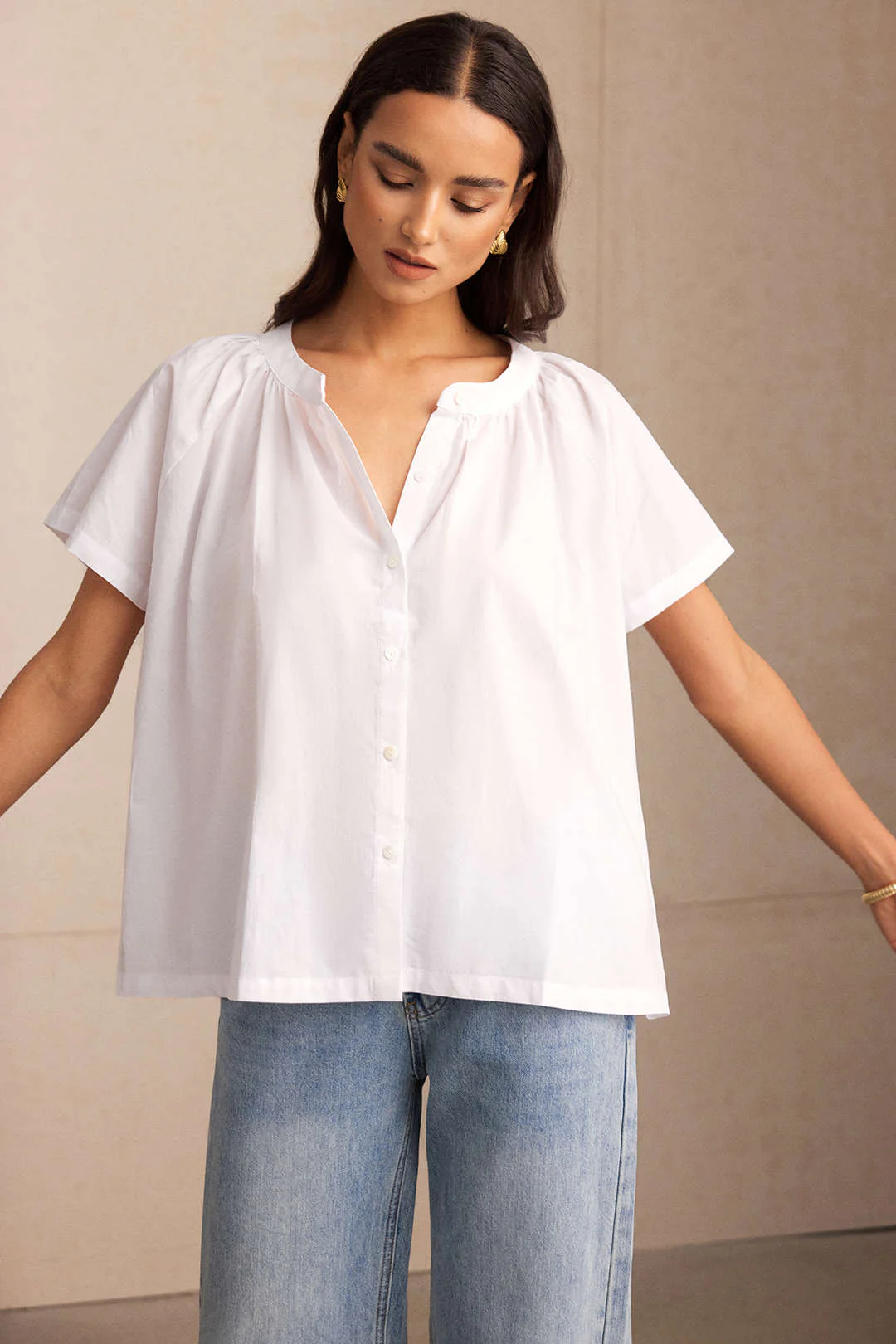 Round Neck Button Batwing Short-Sleeve Shirt - Flockneti