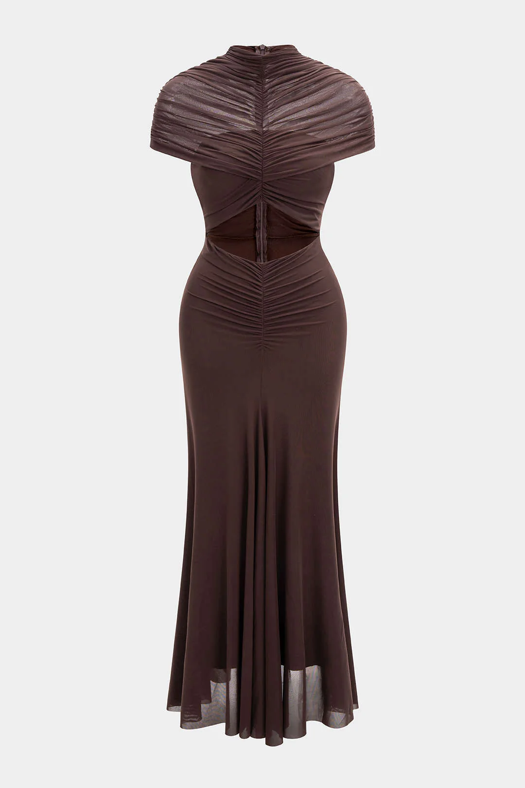 Mesh Ruched Cut Out Short Sleeve Maxi Dress - Flockneti