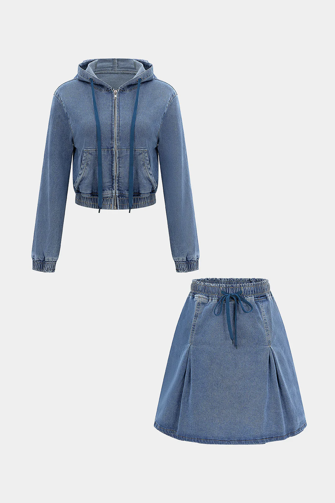 Denim Shirred Drawstring Long-Sleeve Top And Ruched High Waist Mini Skirt Set - Flockneti