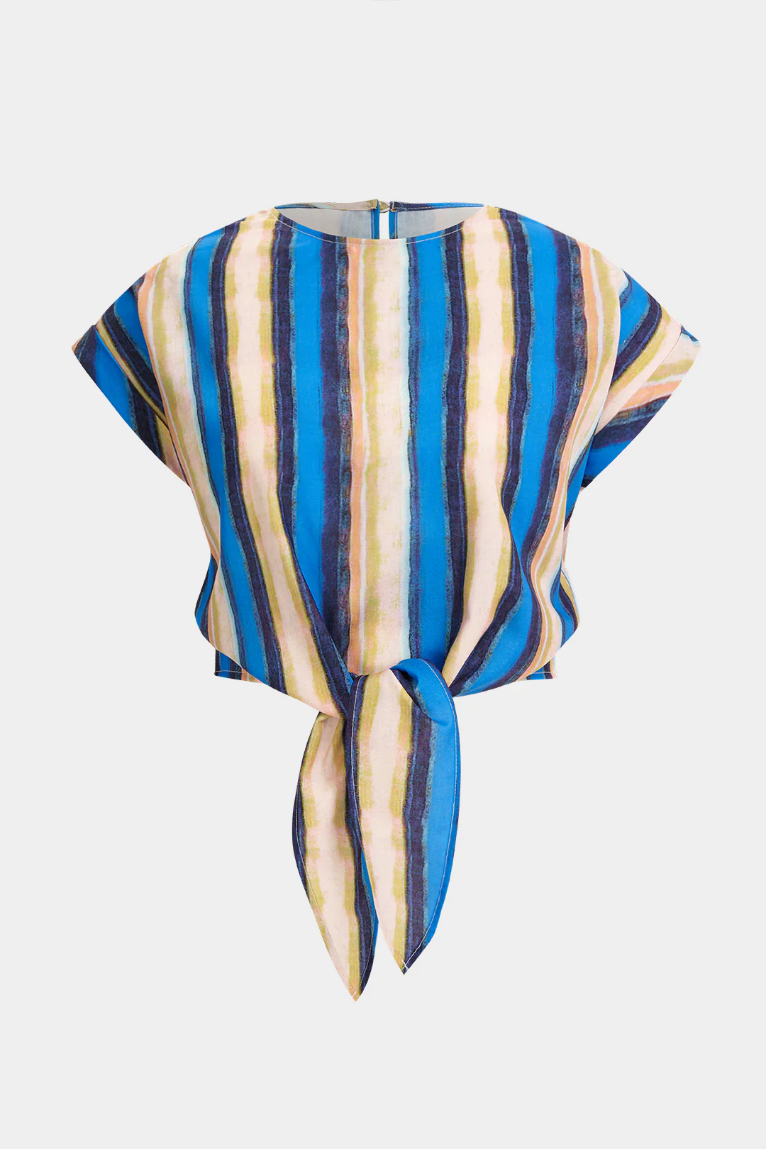 Plus Size Stripes Print Round Neck Tie Front Top - Flockneti