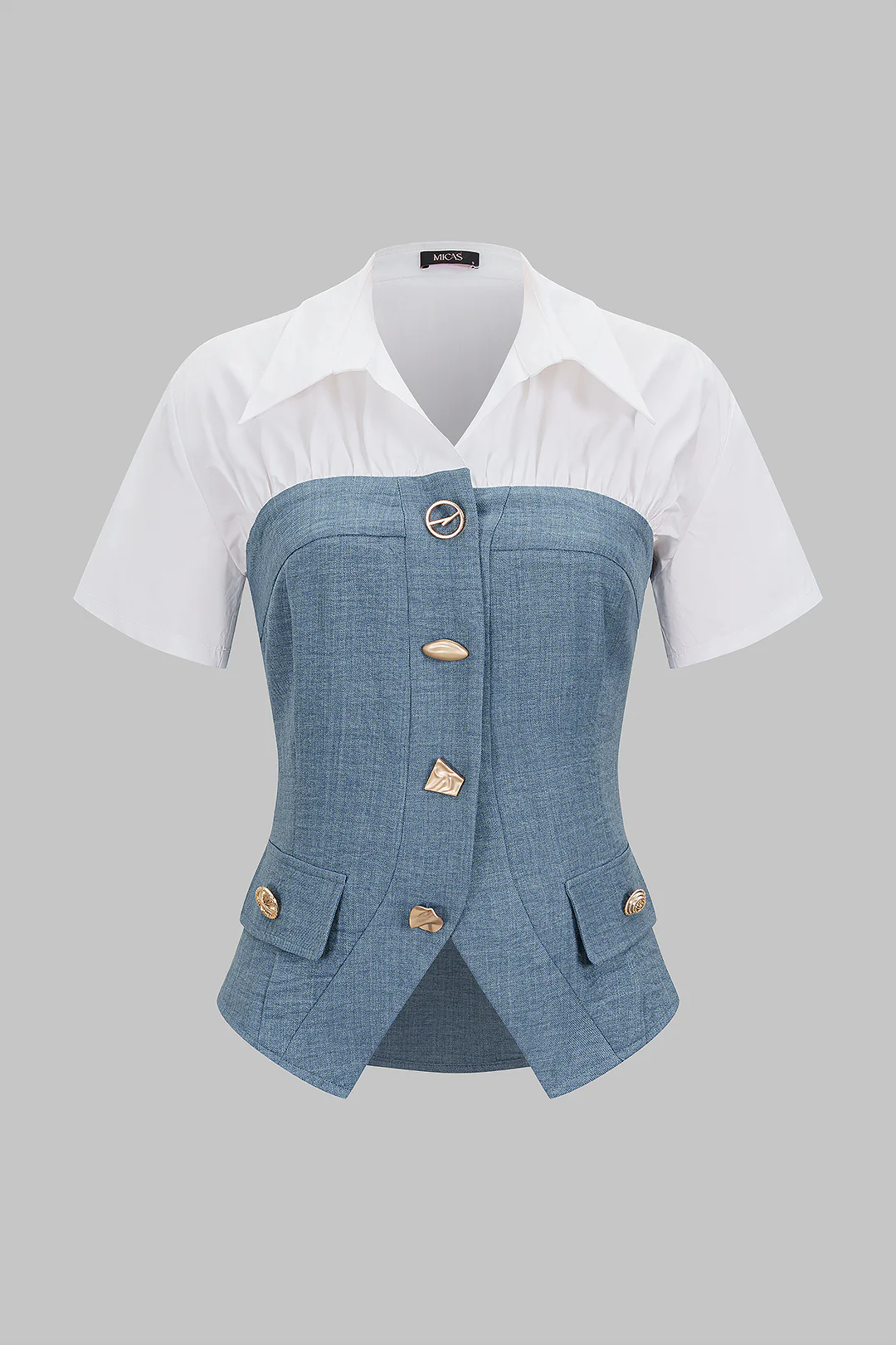 Contrast Irregular Button Lapel Short Sleeve Top - Flockneti