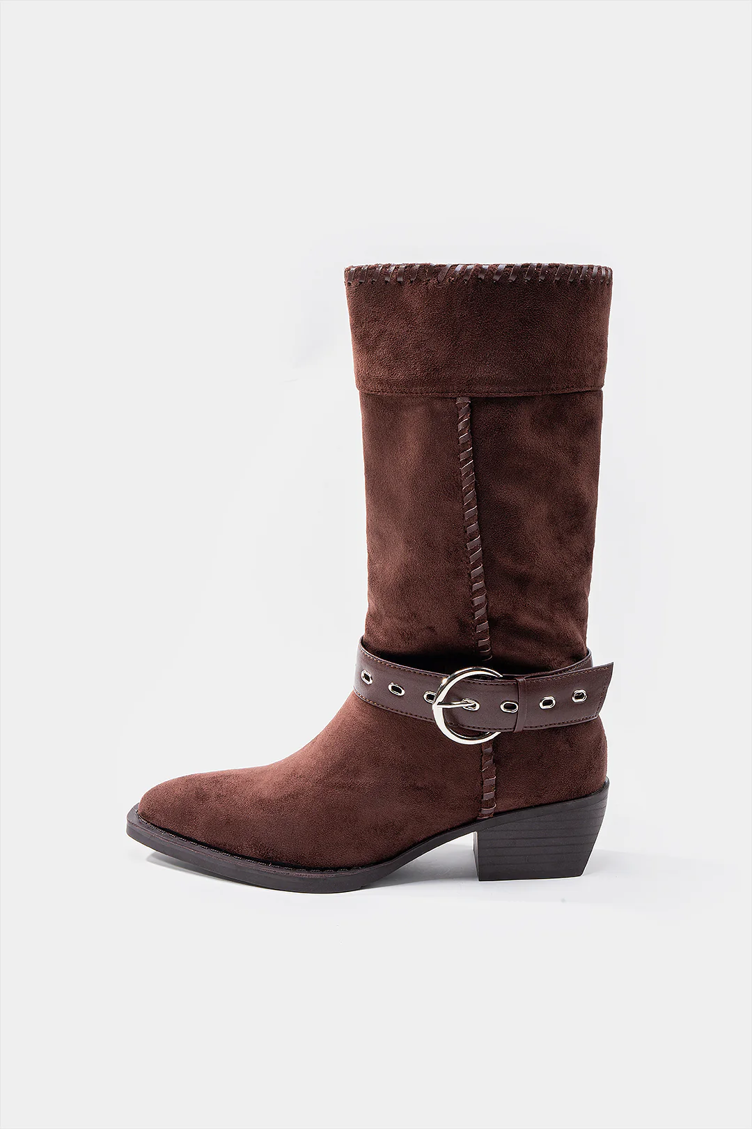 Suede Belted Buckle Pointed Mid Calf Boots - Flockneti