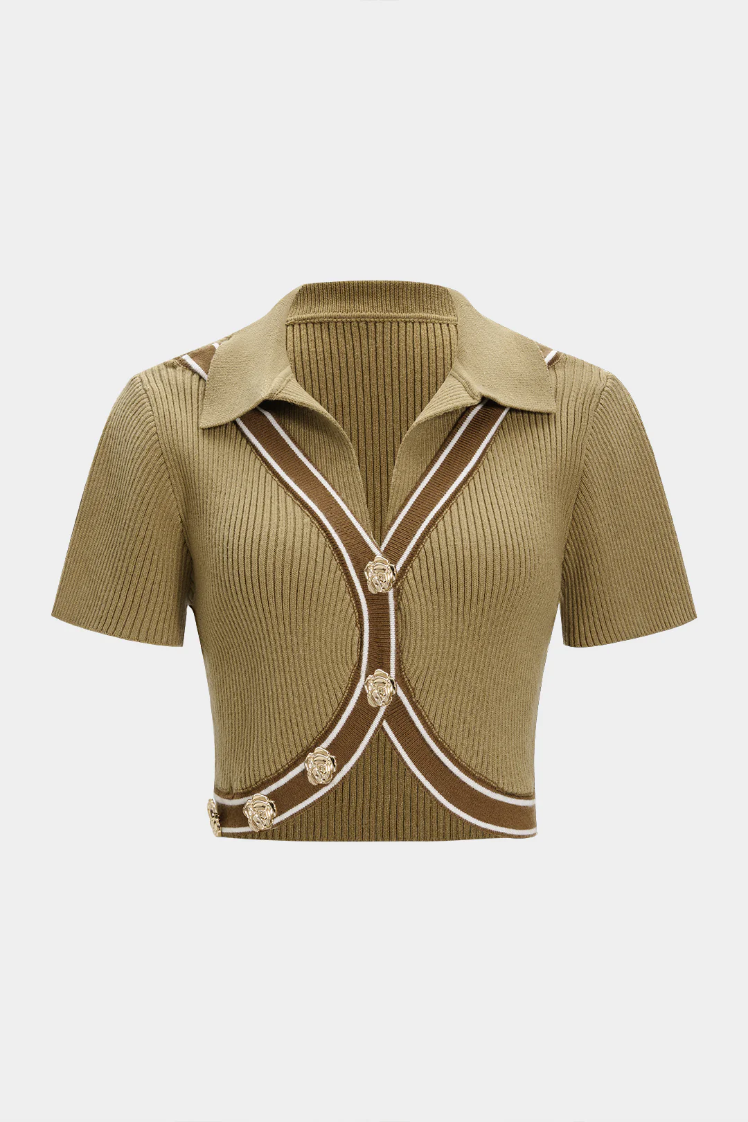 Knit Contrast Asymmetrical Metallic Button Short-Sleeve Top - Flockneti