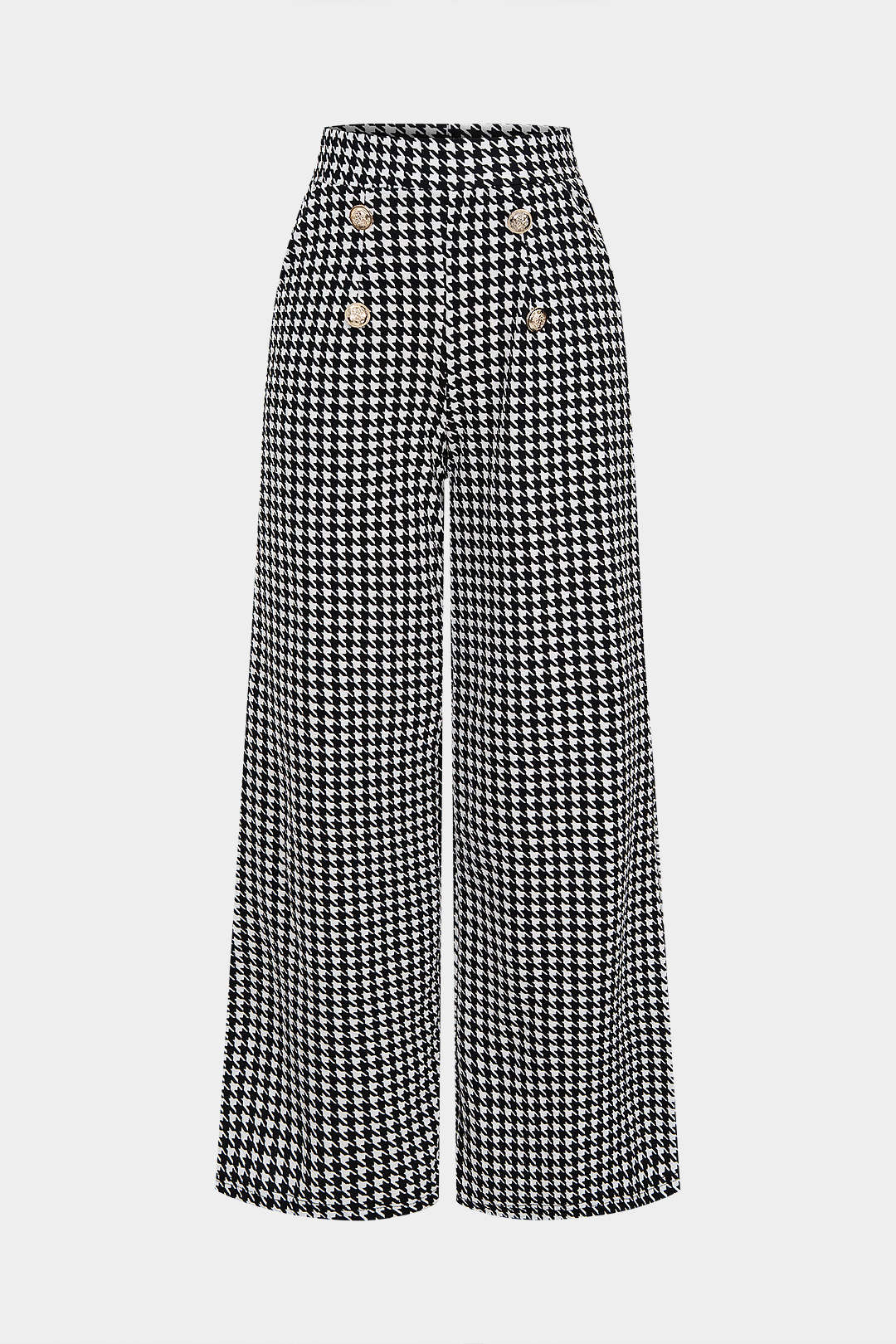 Houndstooth Print High Waist Button Wide Leg Pants - Flockneti