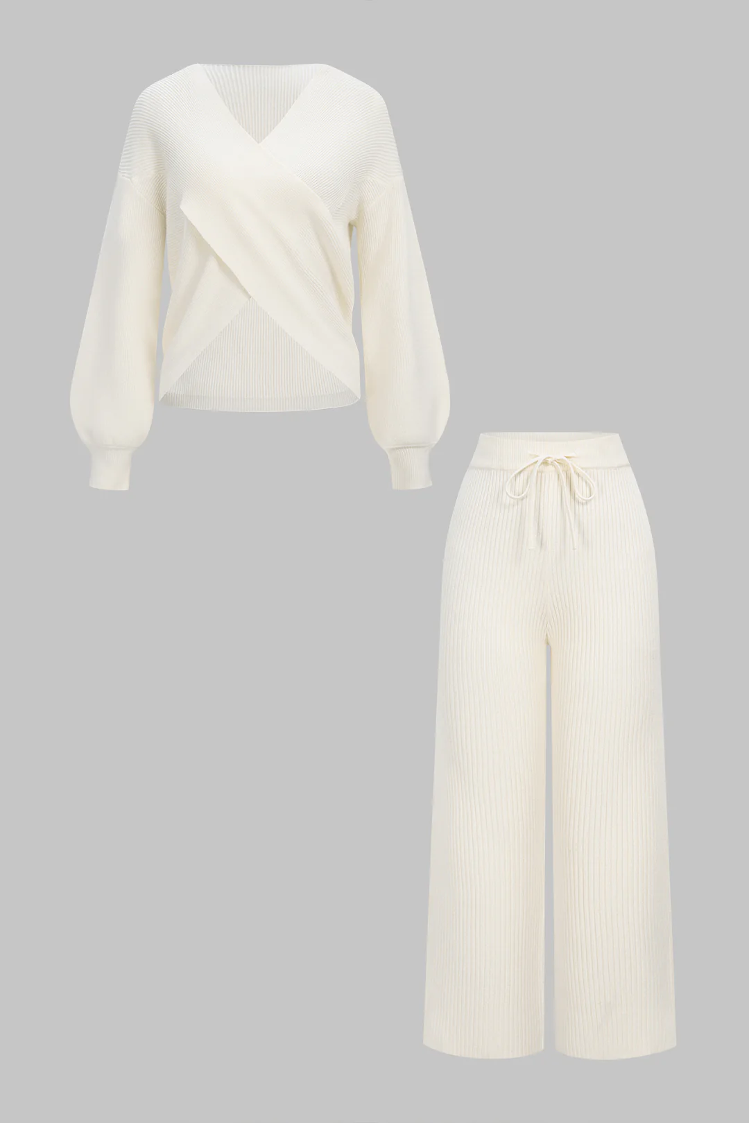 Knit Crossed Long-Sleeve Top And Tie-Up Pants Set - Flockneti
