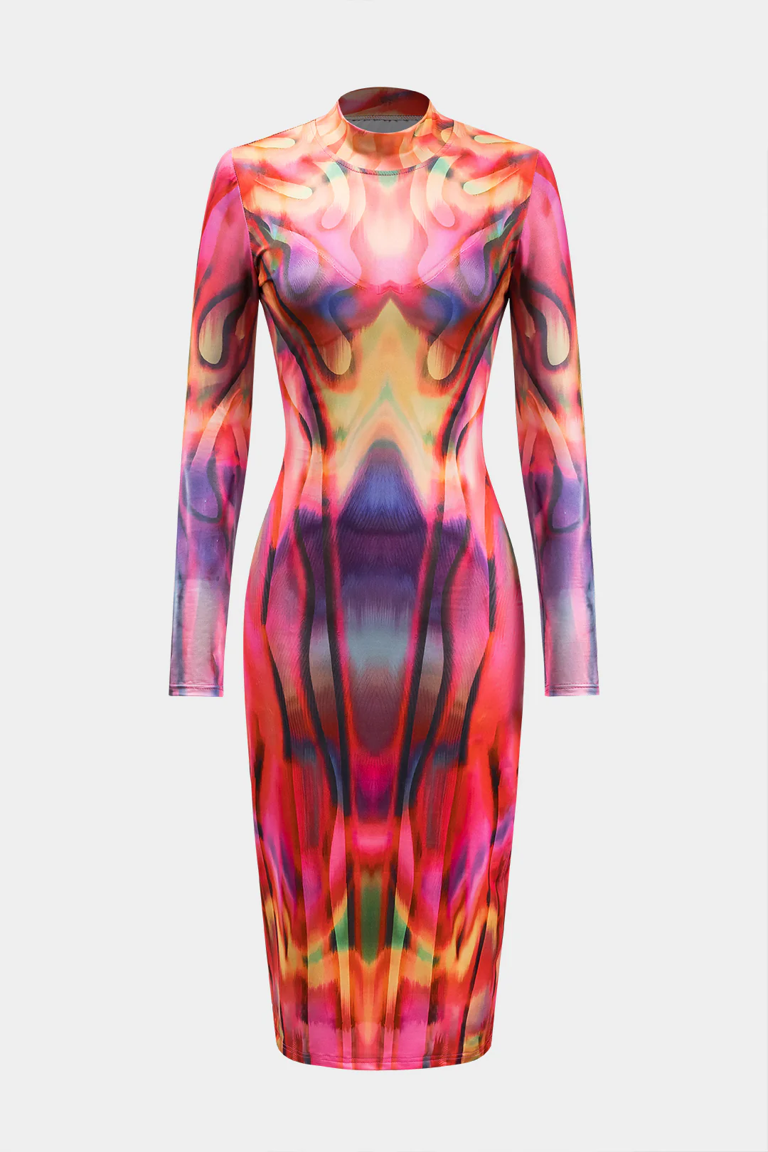 Colorblock Print Mock Neck Long-Sleeve Midi Dress - Flockneti