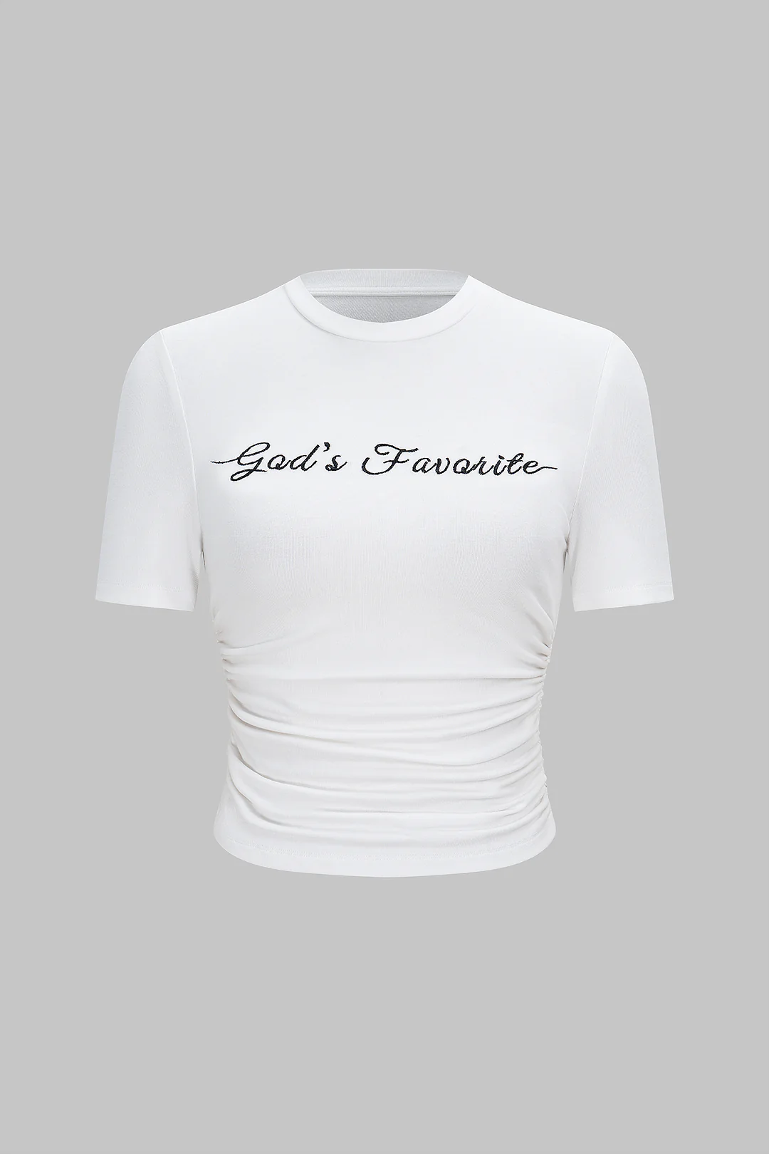Letter Embroidery Round Neck Ruched Short Sleeve T-Shirt - Flockneti