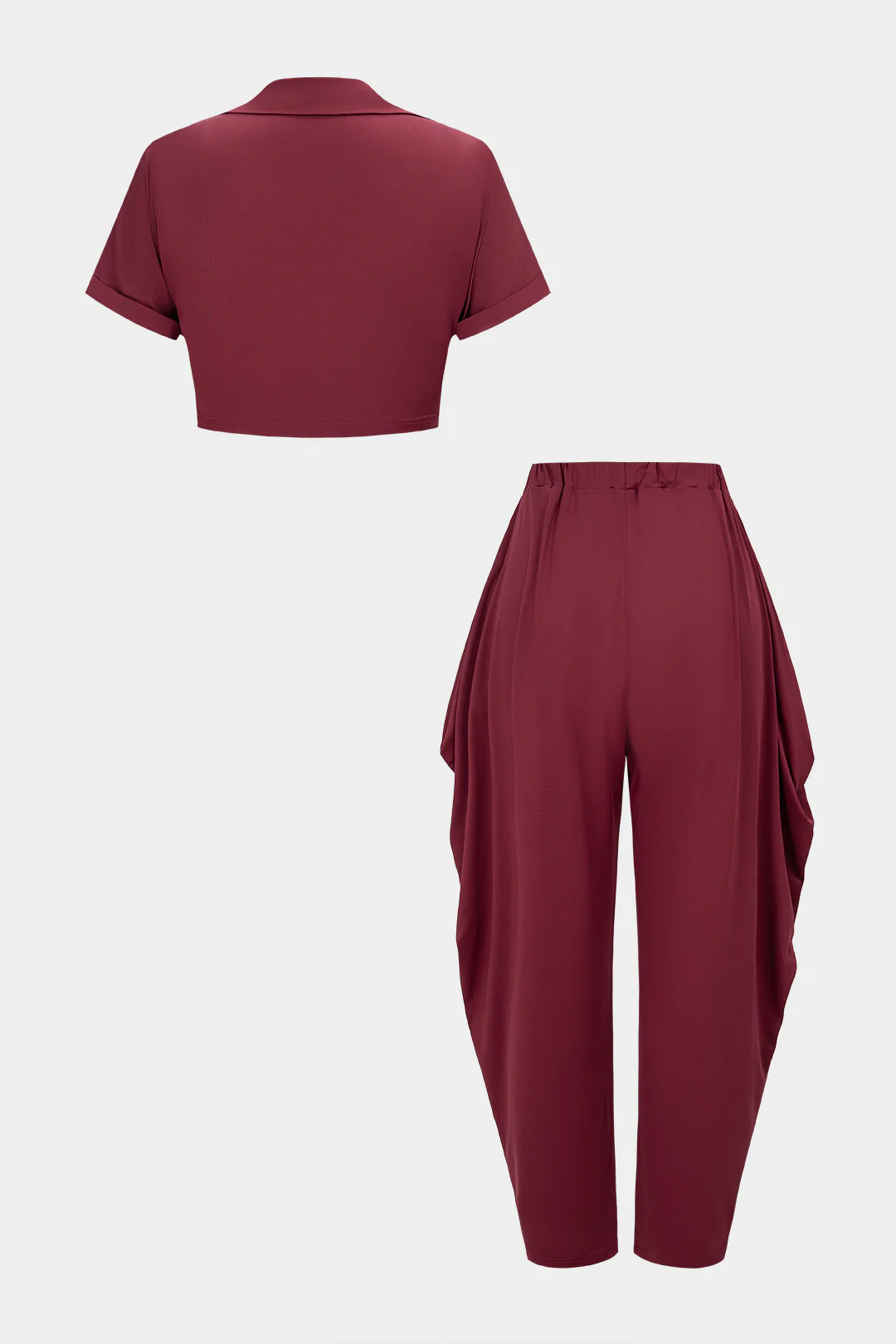 V-Neck Cropped Short-Sleeve Top And Ruched Lantern Pants Set - Flockneti