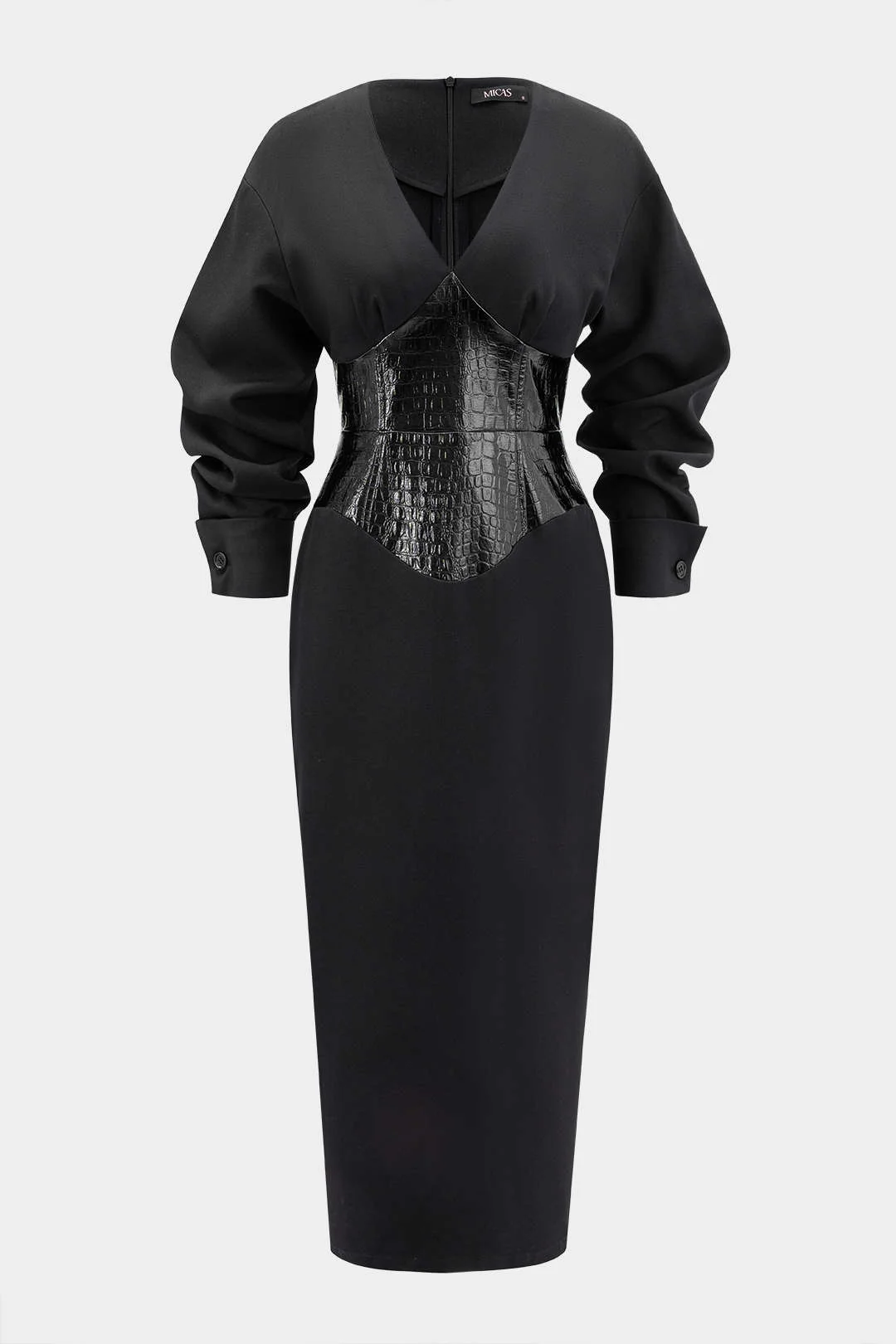 Crocodile Print Faux Leather Patchwork Long Sleeve Maxi Dress - Flockneti