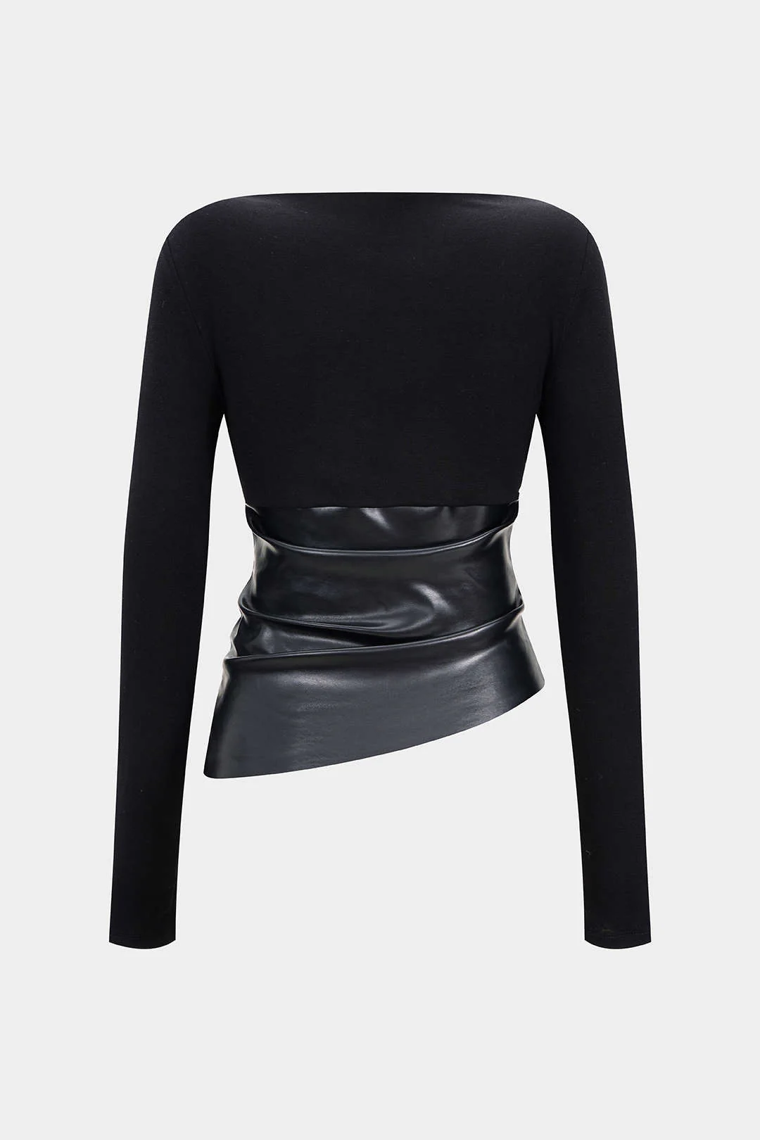 Faux Leather Patchwork Ruched Long-Sleeve Top - Flockneti