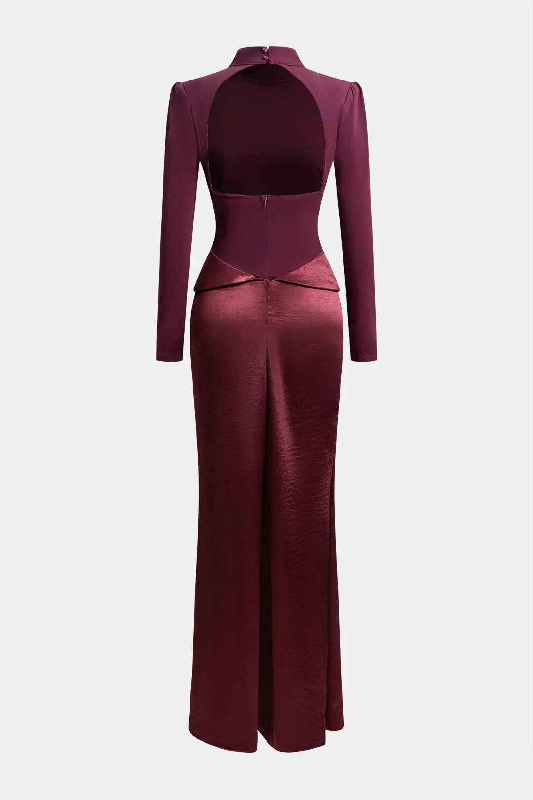 Satin Patchwork Mock Neck Backless Long-Sleeve Maxi Dress - Flockneti