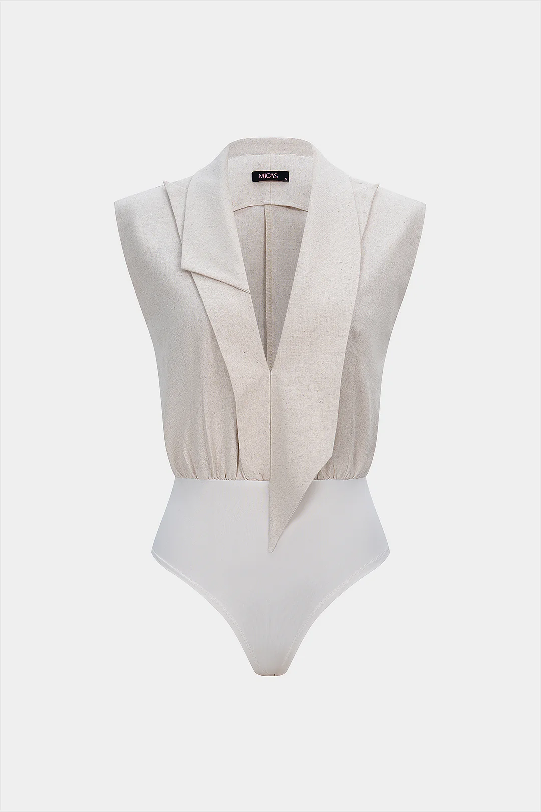 Linen Asymmetrical Notched Lapel Sleeveless Bodysuit - Flockneti