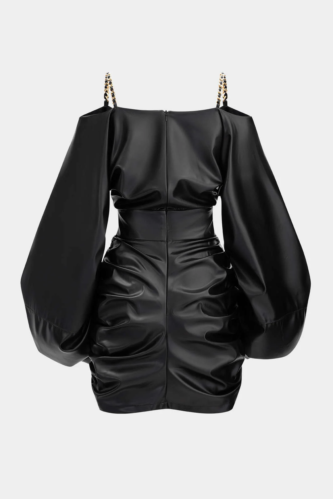 Faux Leather Metallic Chain Crossed Ruched Long Sleeve Mini Dress - Flockneti
