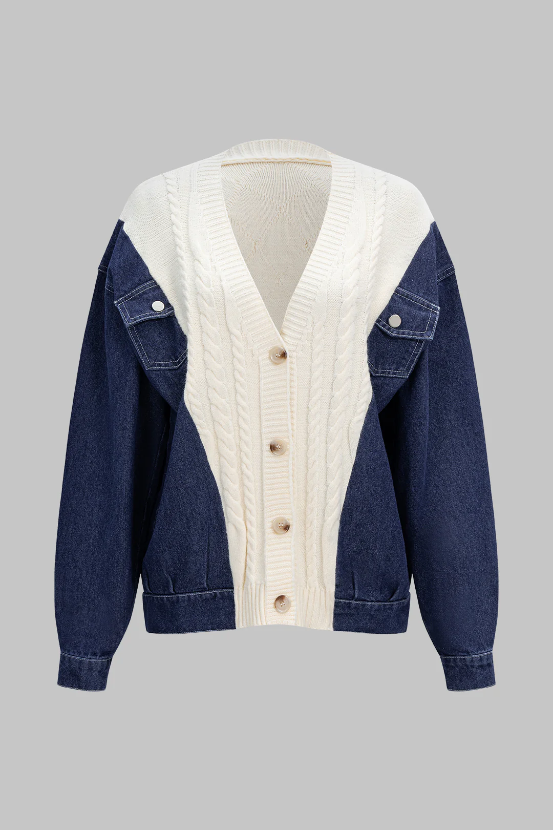 Patchwork Button Cable Sweater Cardigan - Flockneti