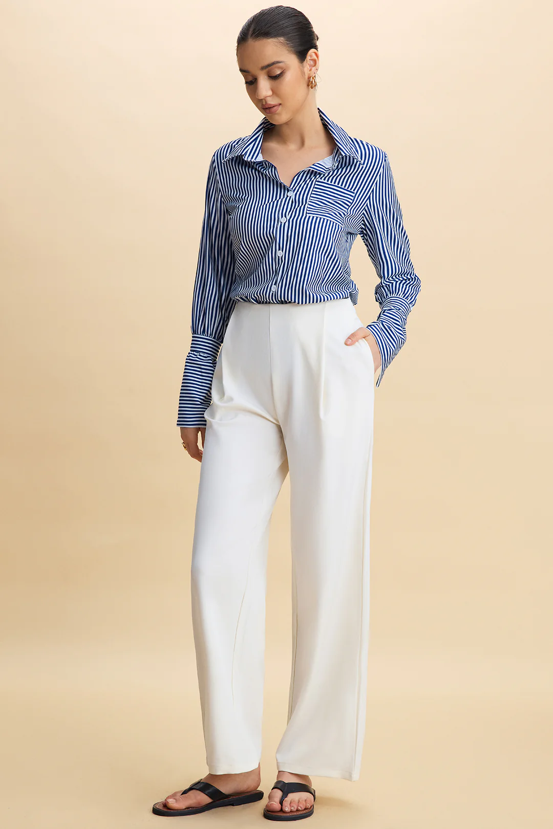 Striped Lapel Button Long Sleeve Shirt - Flockneti