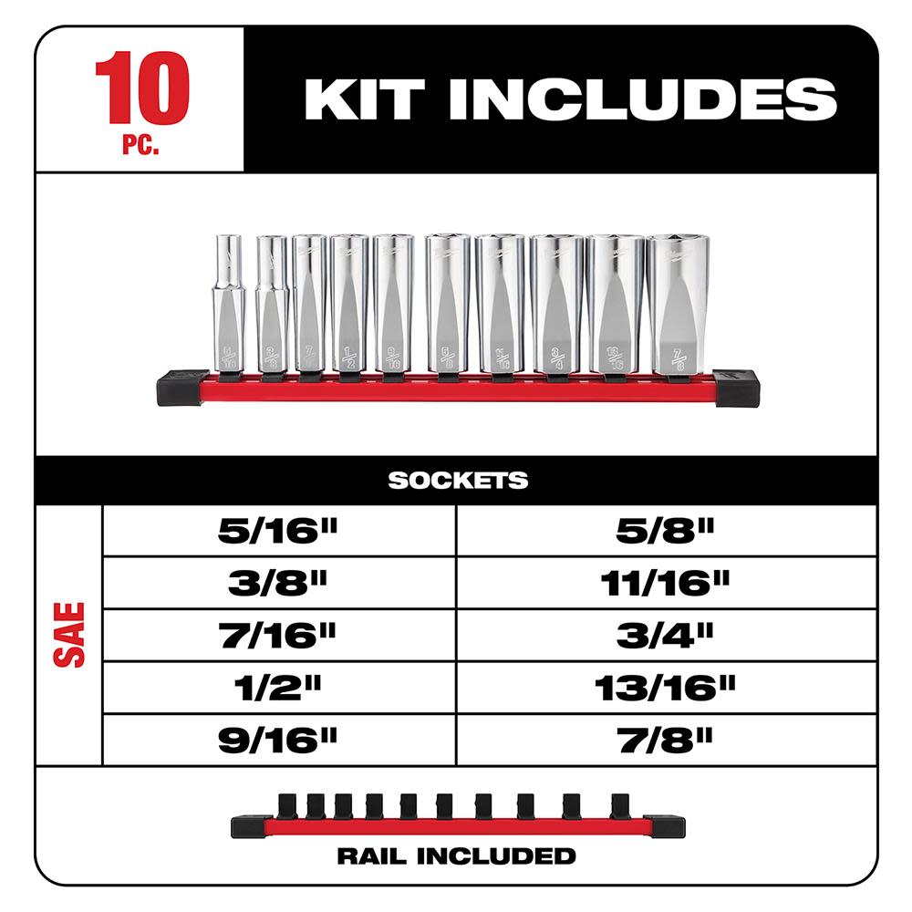 Milwaukee 10pc 3/8 in. SAE Deep Well Sockets with FOUR FLAT Sides - Flockneti