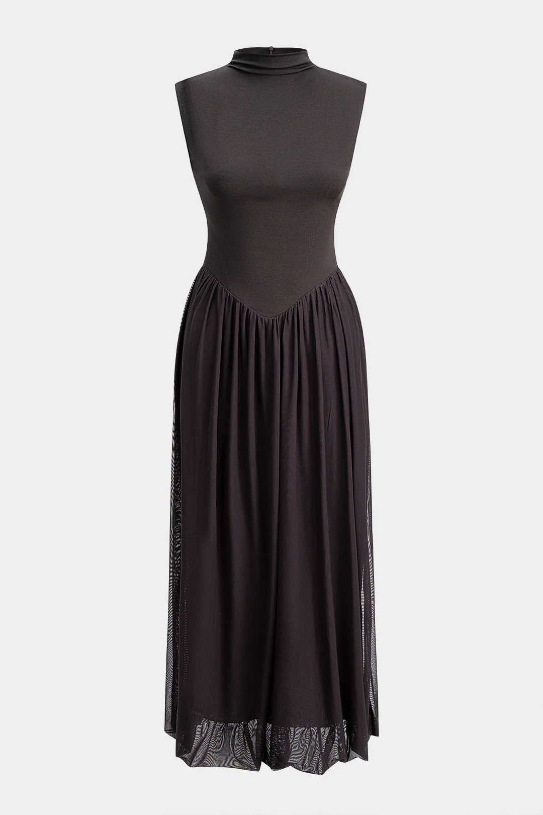 Patchwork Mesh Mock Neck Ruched Sleeveless Midi Dress - Flockneti