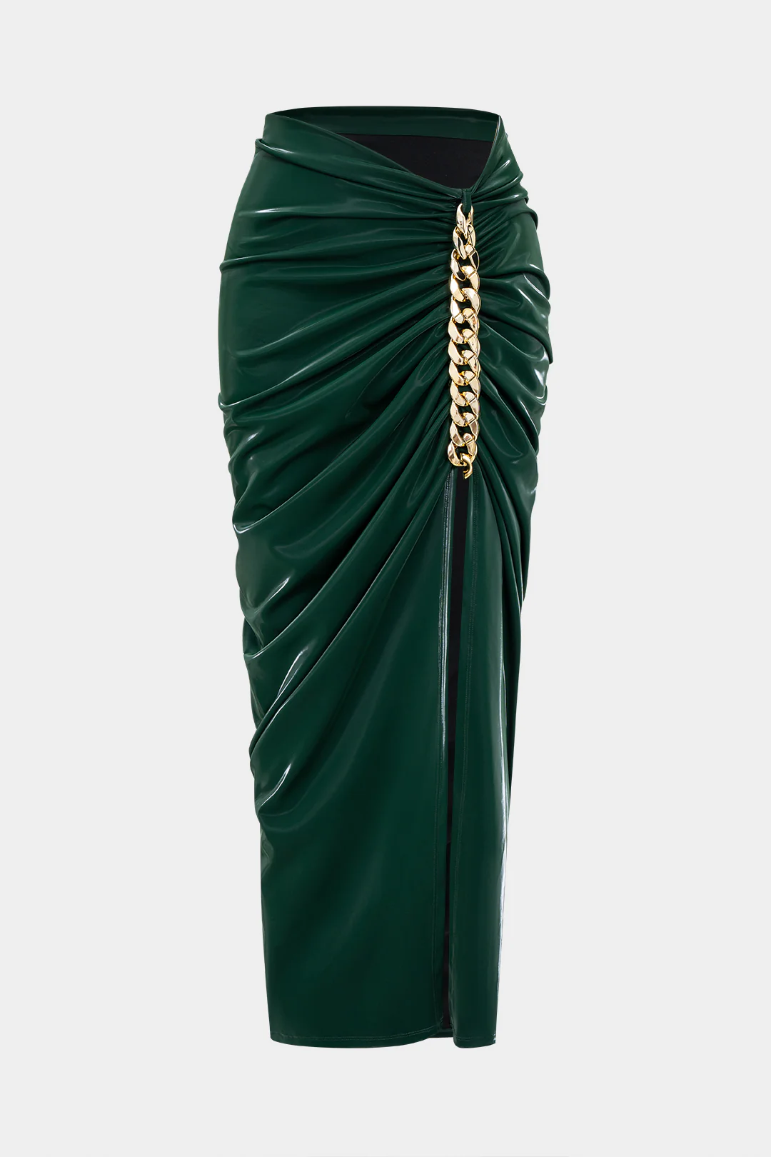 Faux Leather Metallic Chain Ruched Asymmetrical Skirt - Flockneti