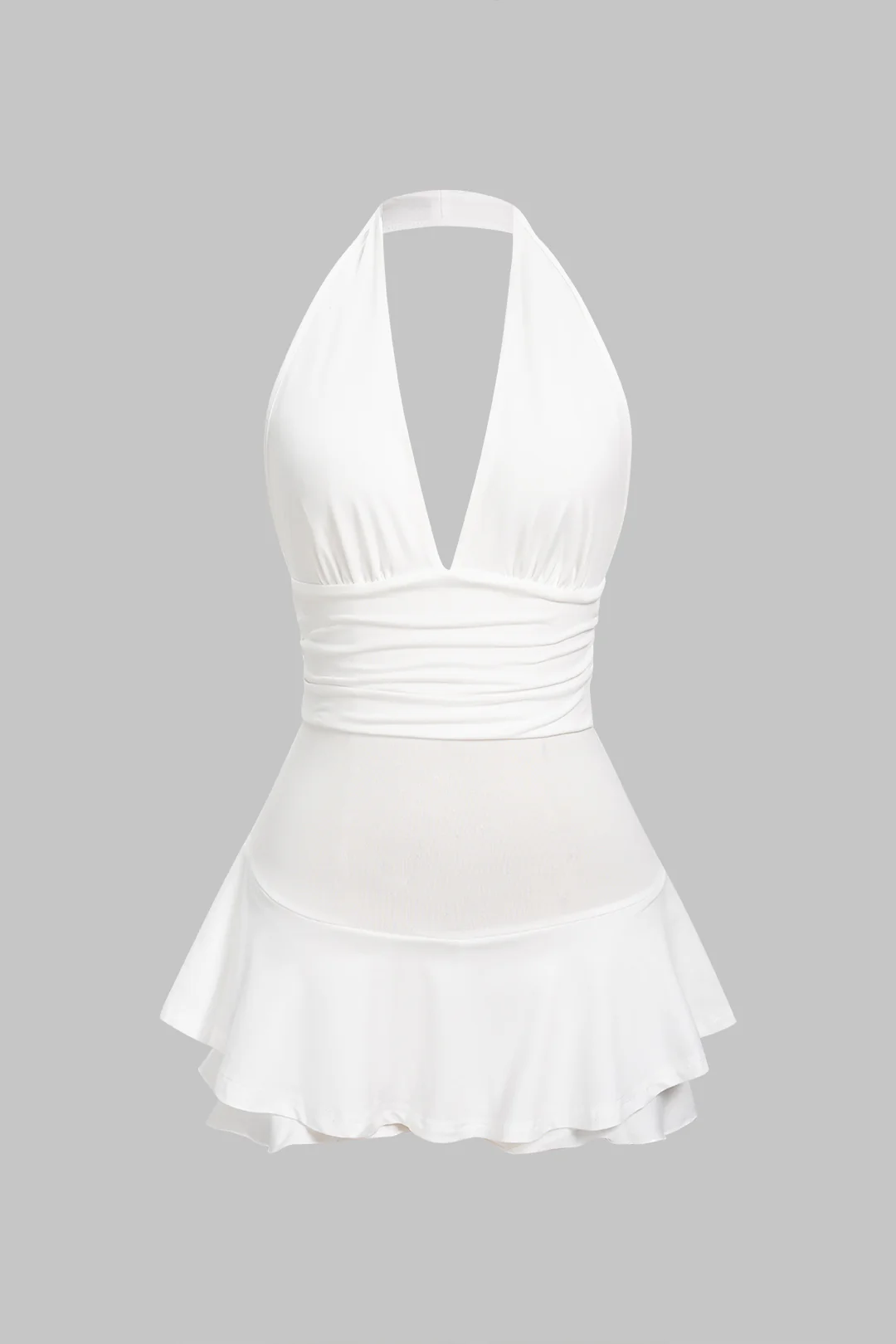 Solid Halter Deep V-Neck Ruched Backless Sleeveless Mini Dress - Flockneti