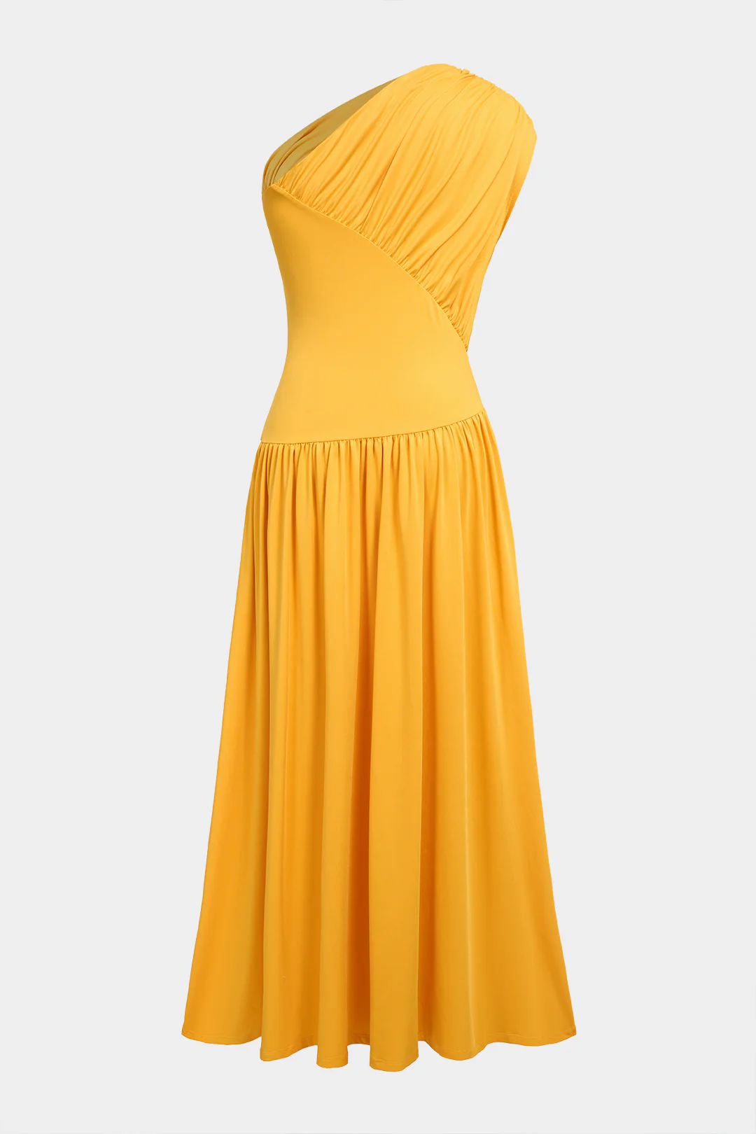Solid One Shoulder Asymmetrical Ruched Sleeveless Maxi Dress - Flockneti