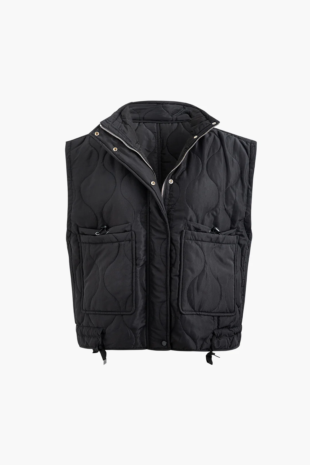 Quilted Drawstring Pocket Zipper Vest - Flockneti