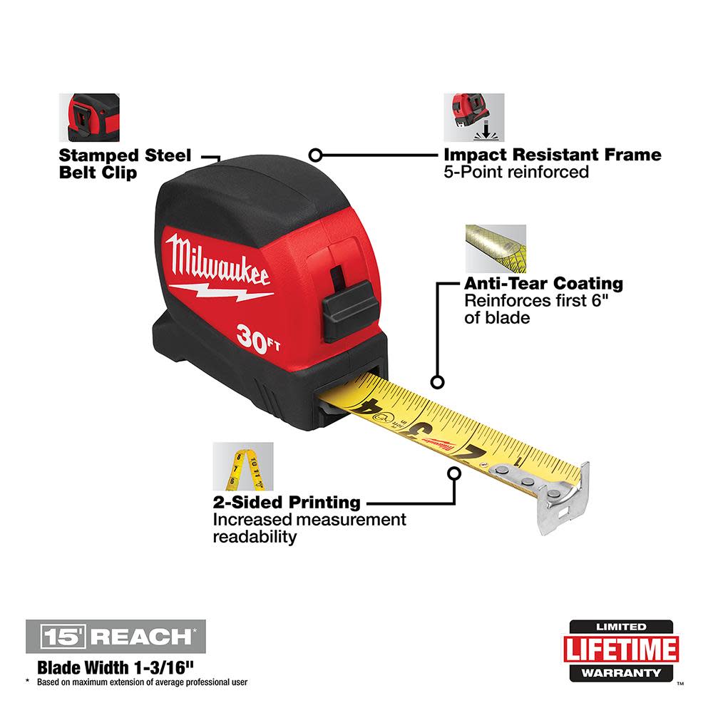 Milwaukee 30Ft Compact Wide Blade Tape Measure - Flockneti