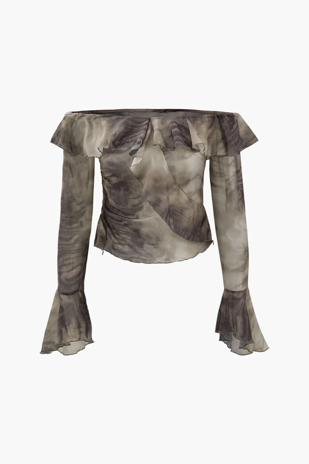 Chiffon Contrast Print Off Shoulder Ruffle Long-Sleeve Shirt - Flockneti