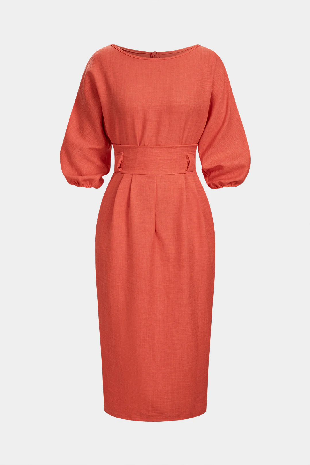 Solid Round Neck Pocket Zipper Long Sleeve Midi Dress - Flockneti