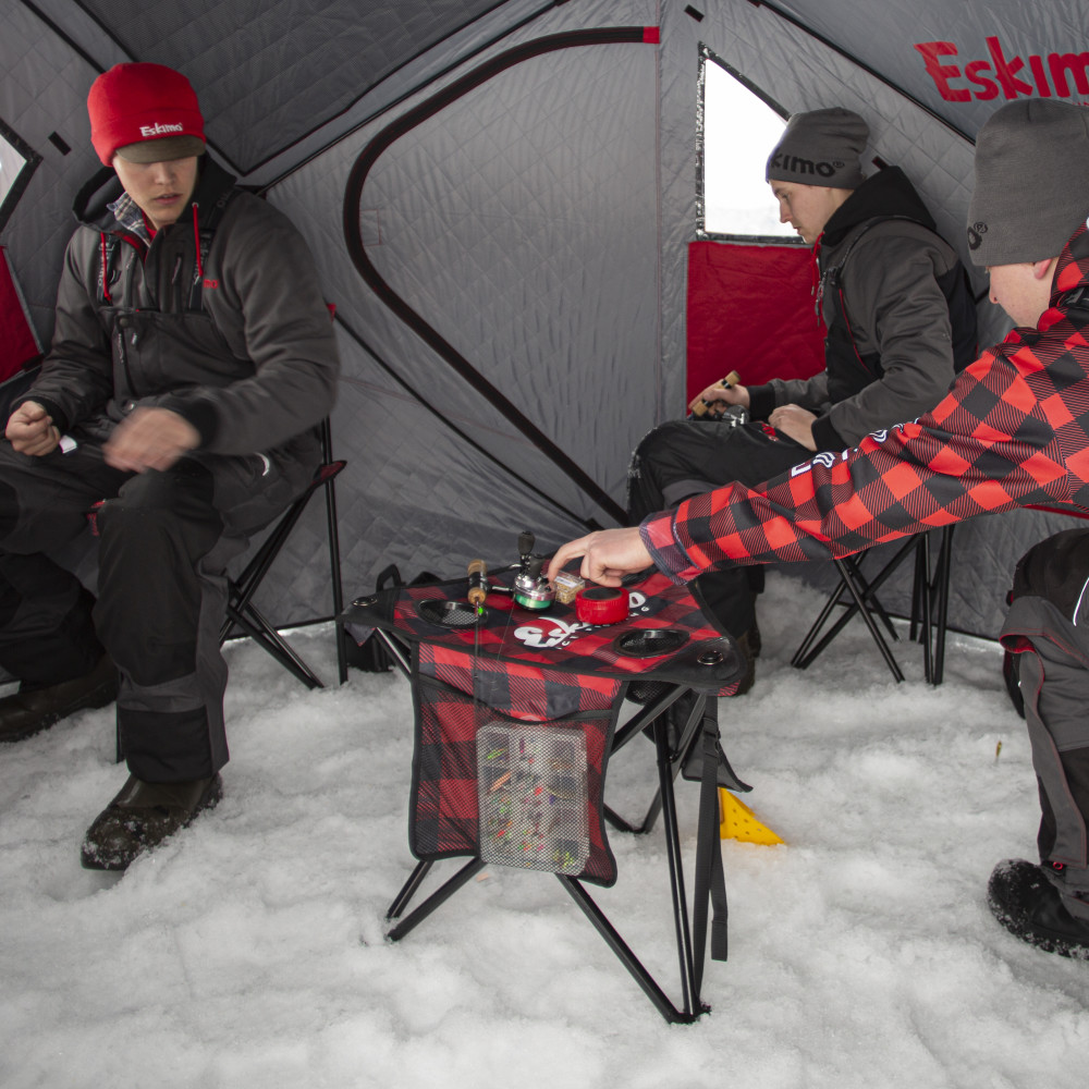 Eskimo X-Large Folding Ice Fishing Stool/Table with 600 Denier Fabric Plaid Pattern - Flockneti