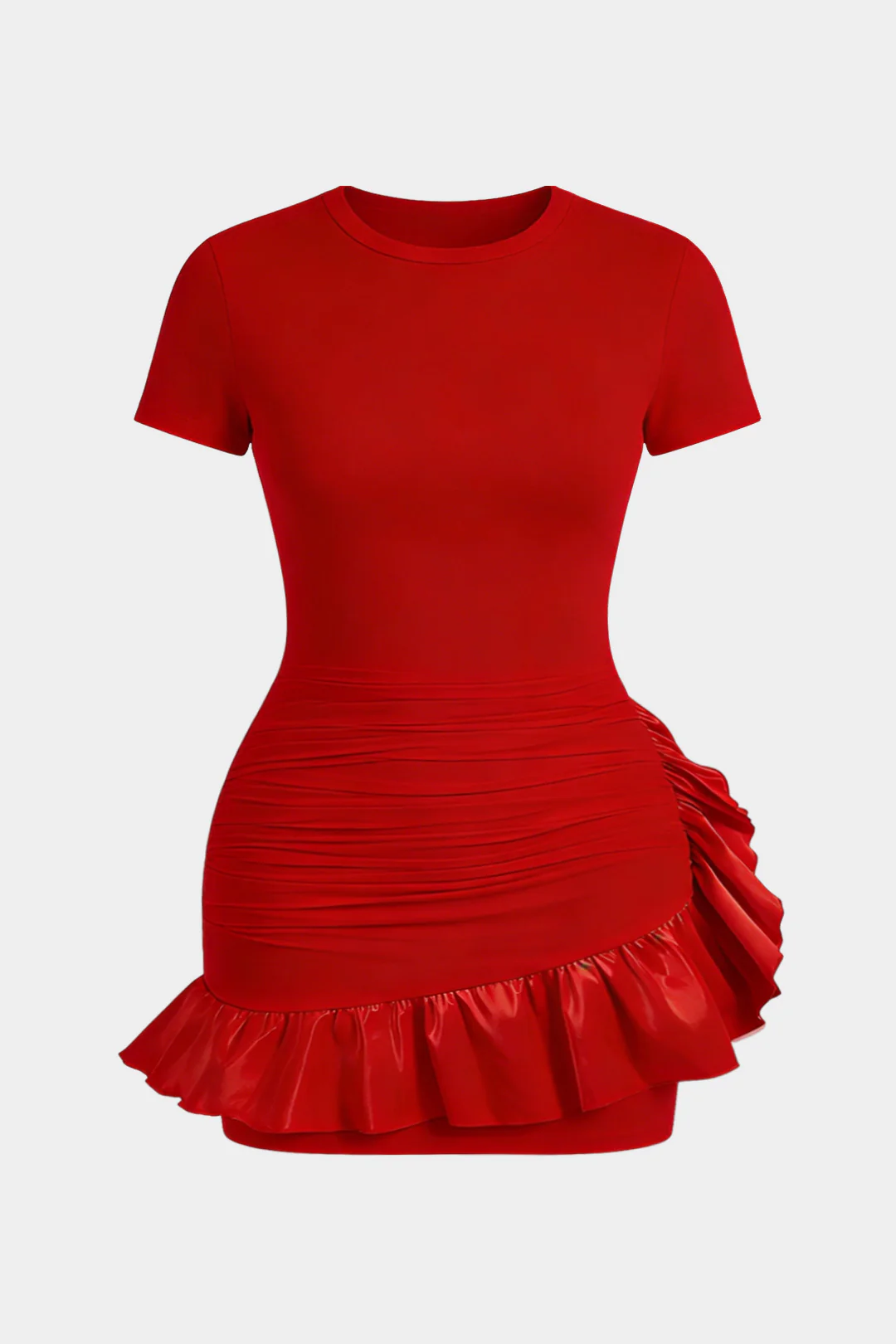 Plus Size Satin Patchwork Round Neck Asymmetrical Short Sleeve Mini Dress - Flockneti