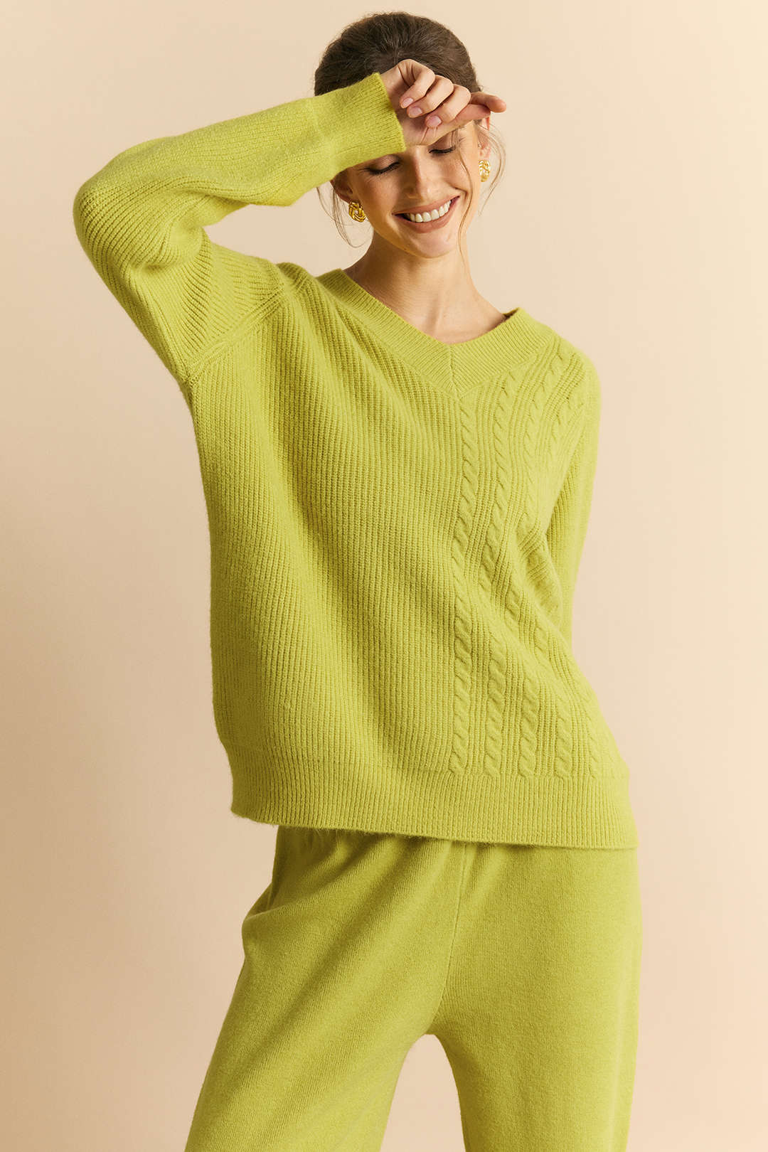 Cable Knit V-Neck Long-Sleeve Top And Wide Leg Pants Set - Flockneti