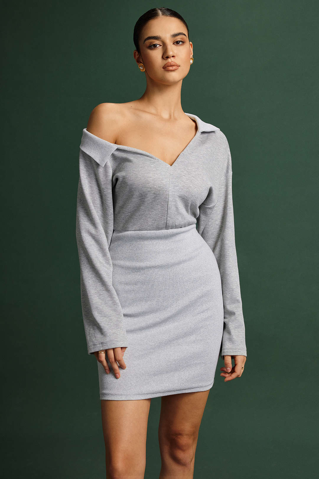 Asymmetrical Neck Ruched Long Sleeve Mini Dress - Flockneti